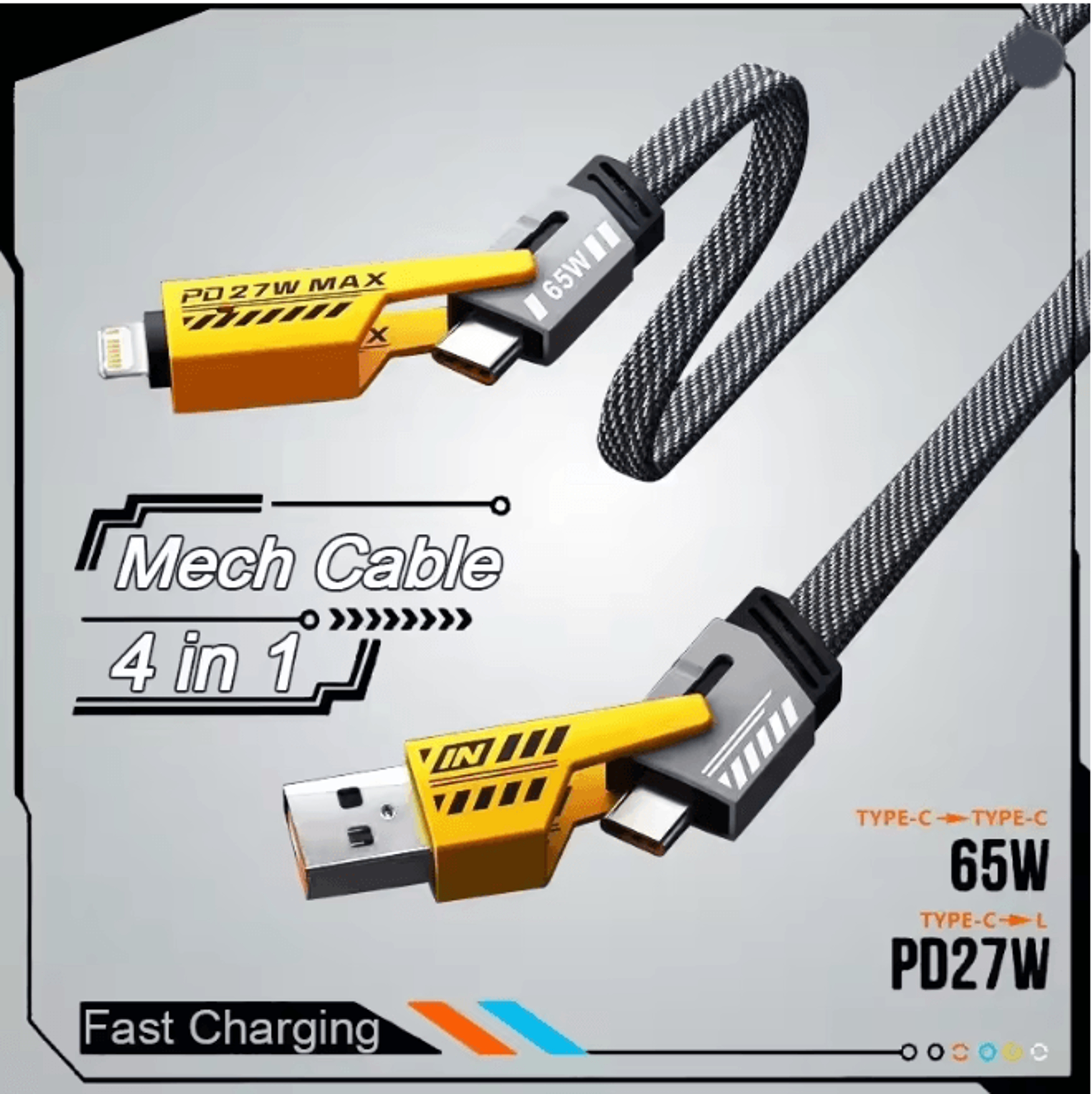 PowerFlex 4 in 1 Fast Charging Cable Multi Port USB C Charging Cord 65W
