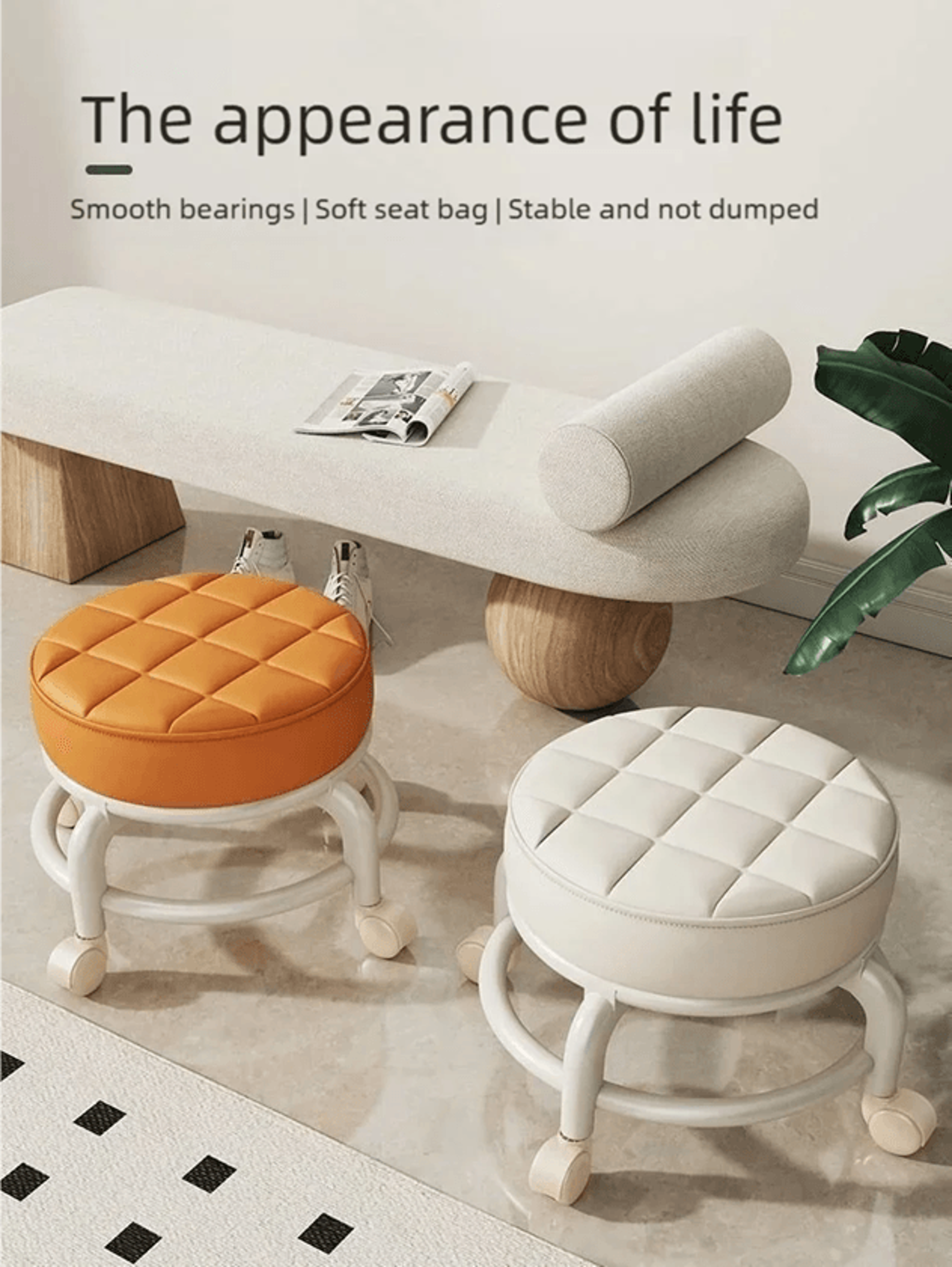 PU Leather Rolling Stool with Wheels Low Profile Padded Seat