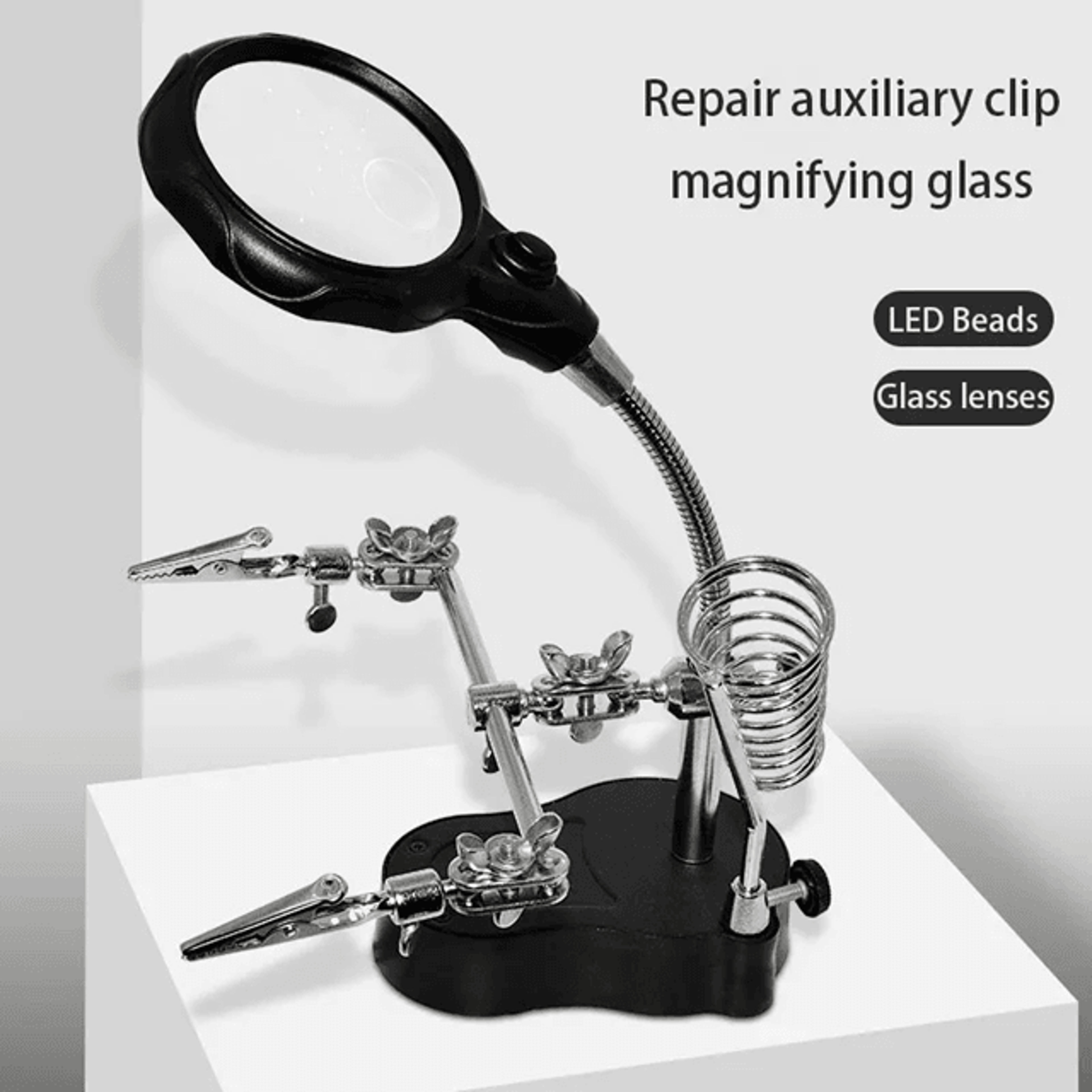 led magnifying glass repair stand with adjustable strap