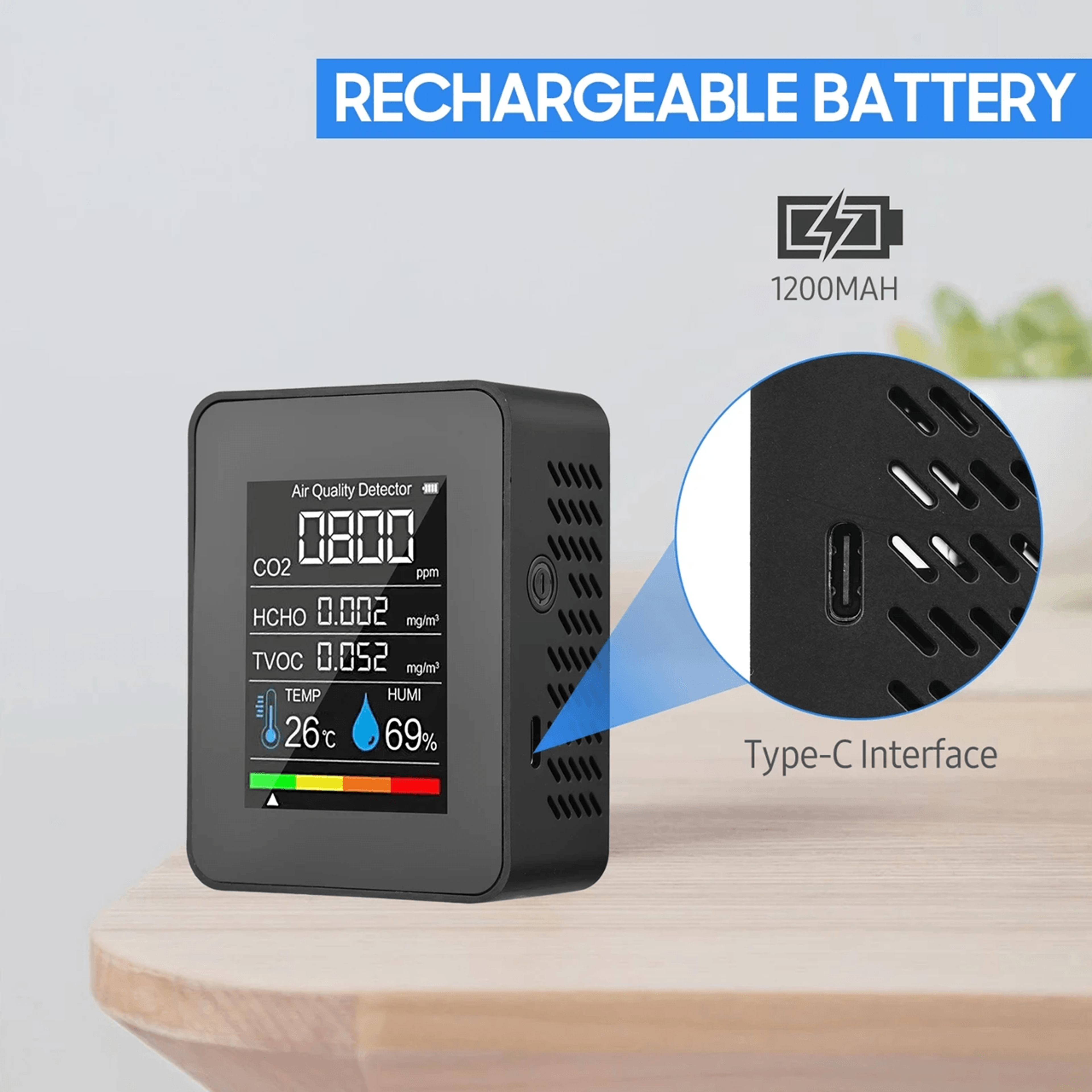 Smart CO2 Air Quality Monitor Temperature and Humidity Detector
