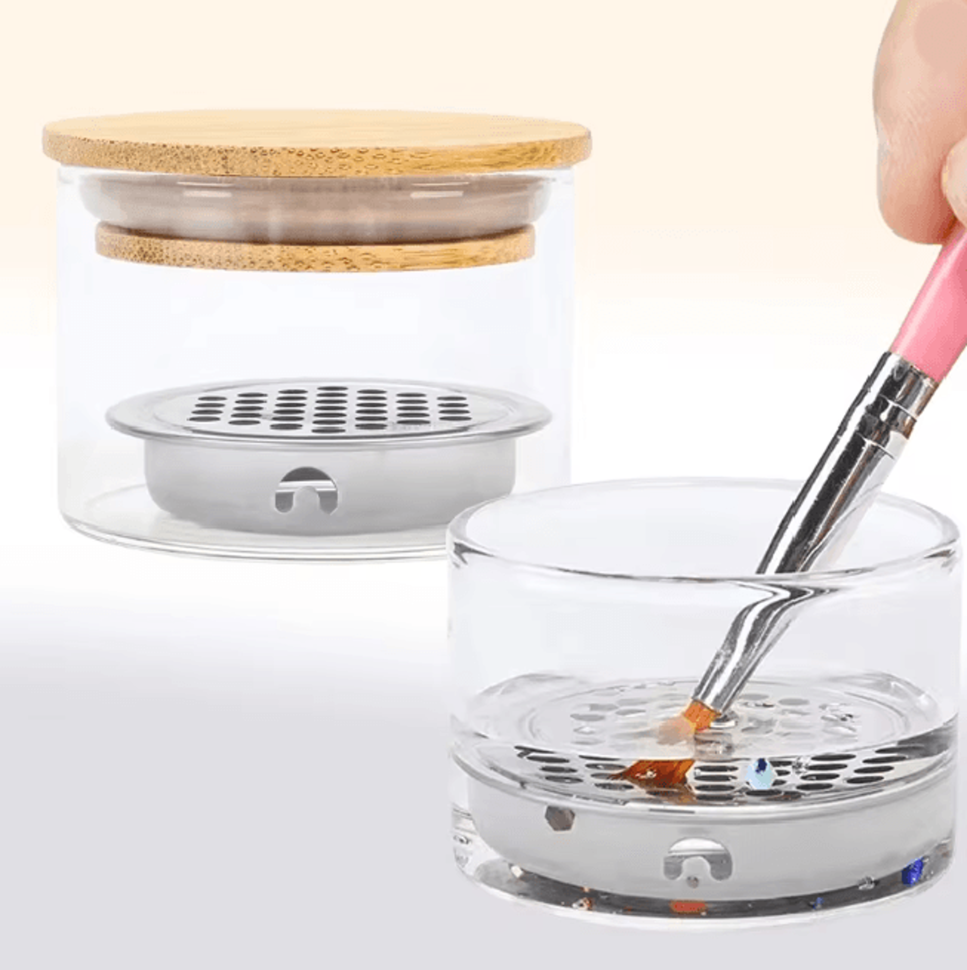 transparent glass nail brush cleaner cup with mesh filter storage container