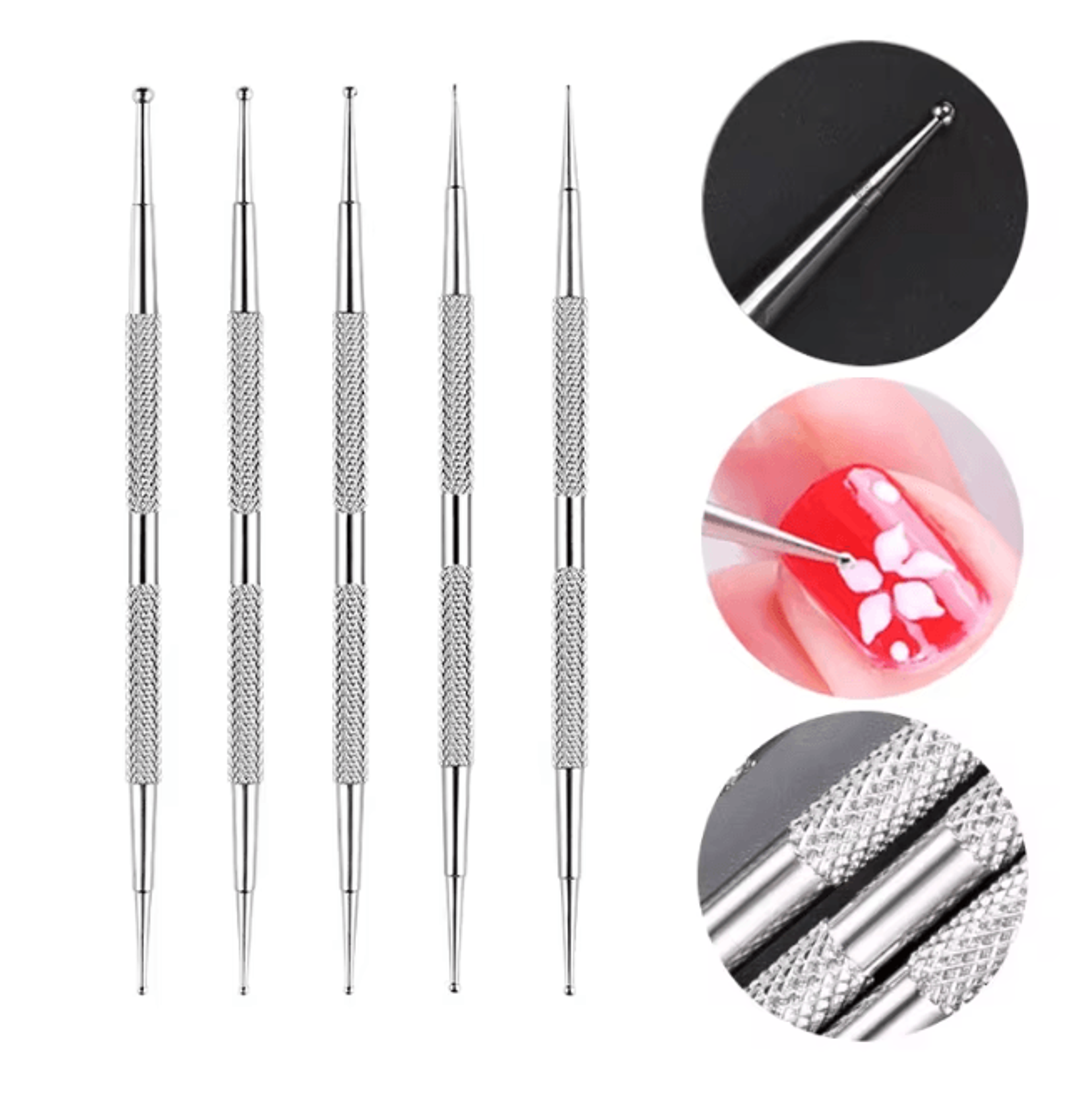 Dual End Nail Art Dotting Pen Set Stainless Steel 5 Piece Manicure Tools