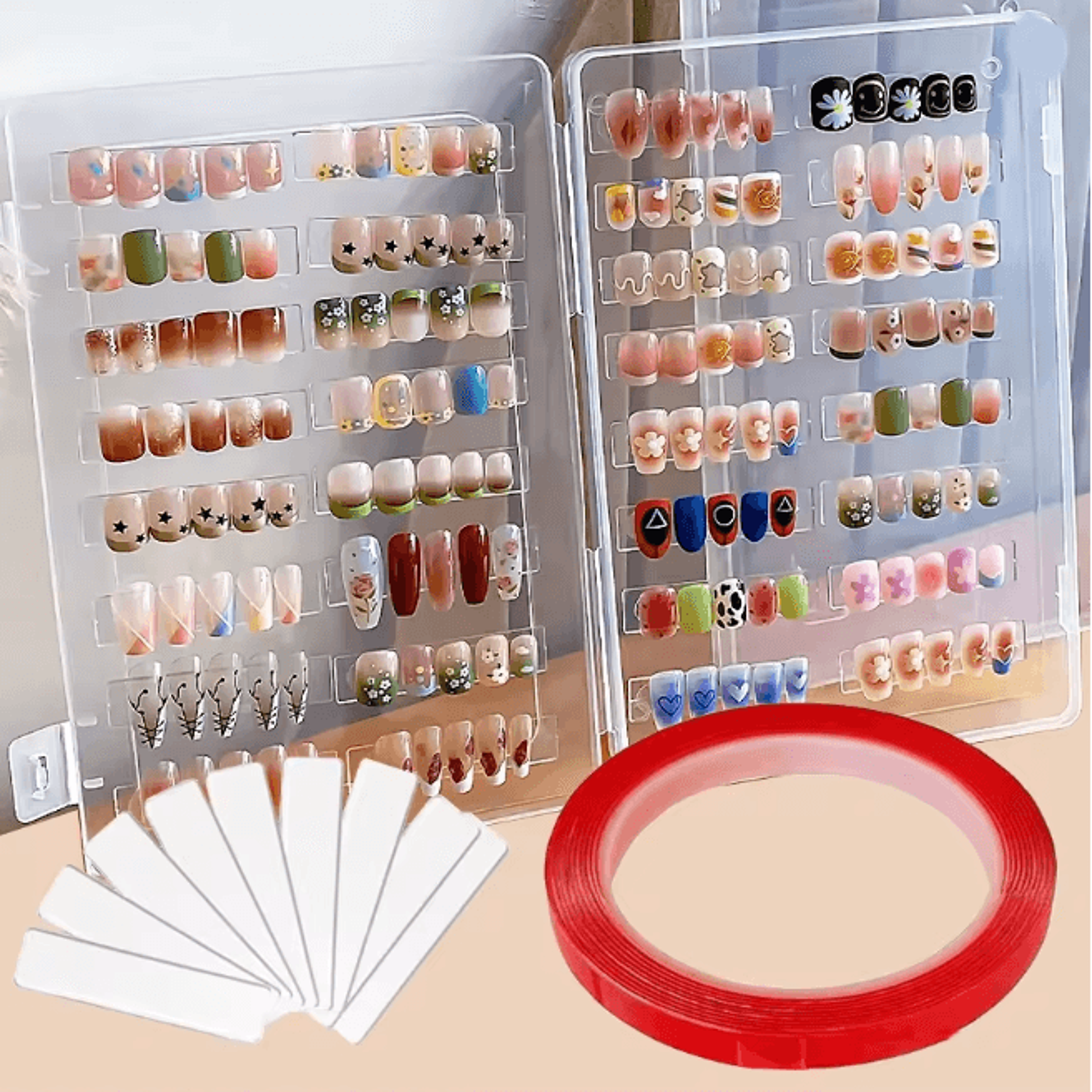 press on nail storage box set with display sticks and adhesive tabs