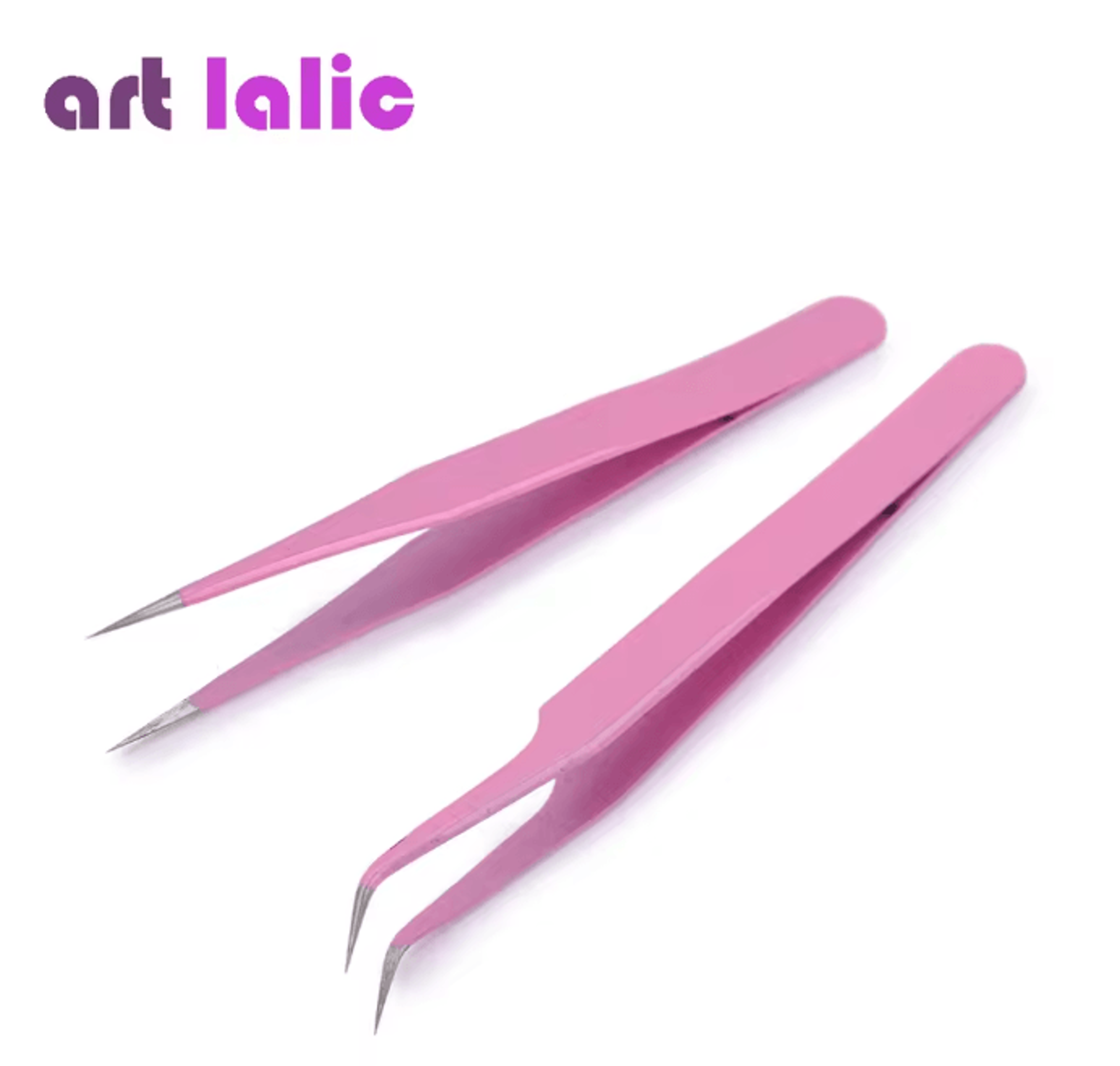 Pink Stainless Steel Tweezers Set Straight and Curved Precision Tools 2 Piece