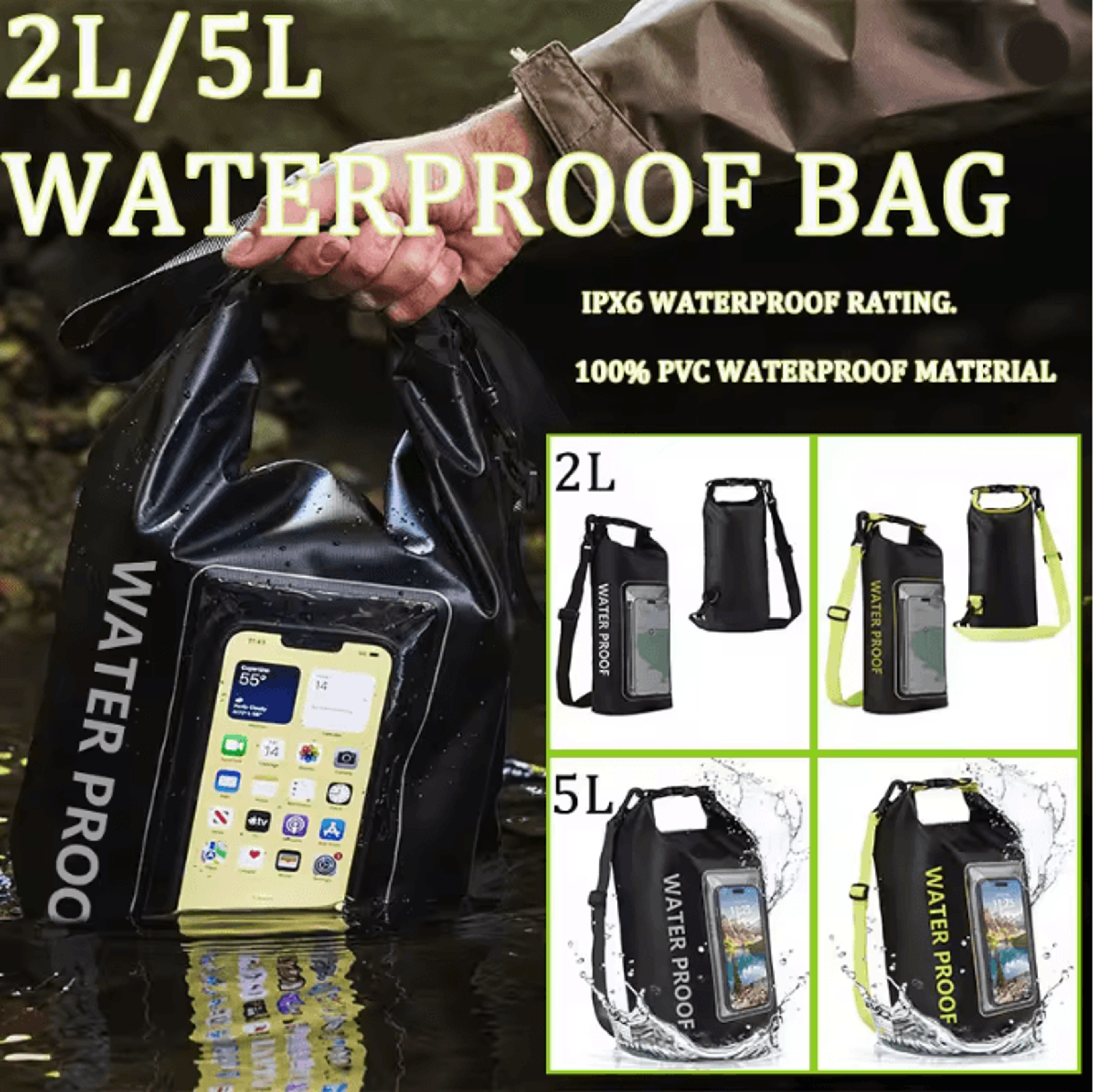 Waterproof Dry Bag 2L and 5L for Kayaking Surfing and Outdoor Adventures