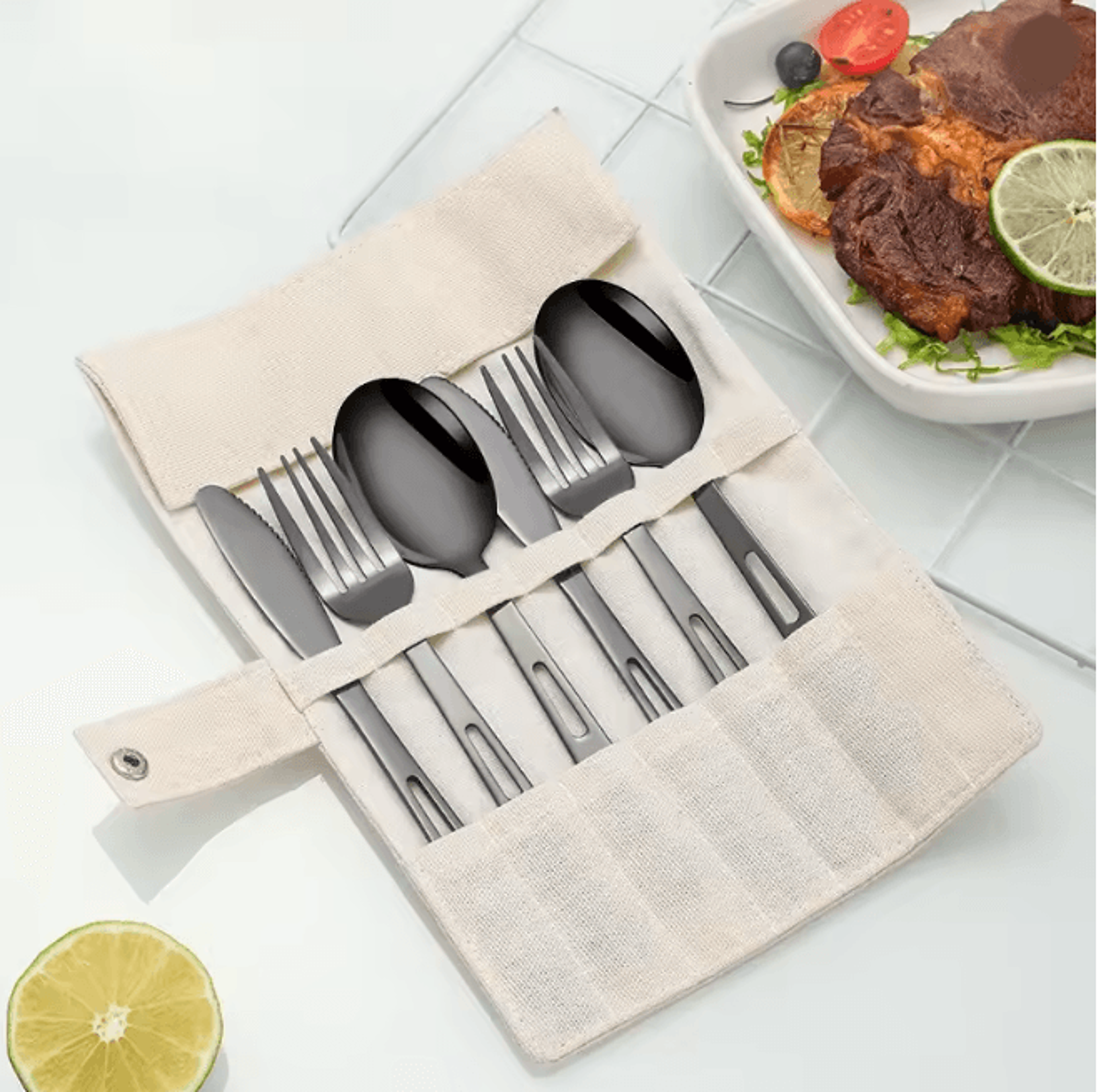 stainless steel camping cutlery set portable spoon fork knife with storage bag