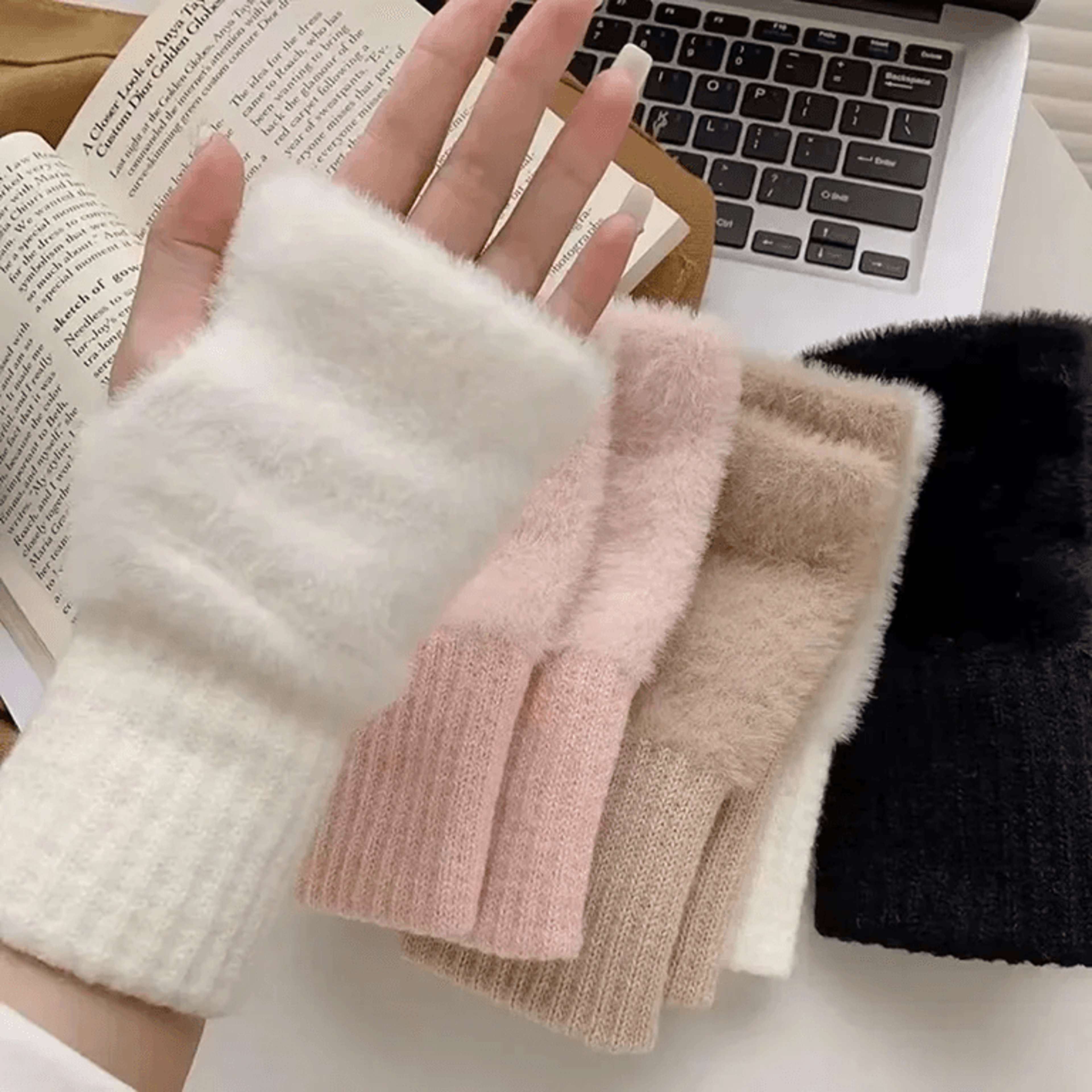 Womens Mink Fleece Fingerless Gloves Soft Warm Winter