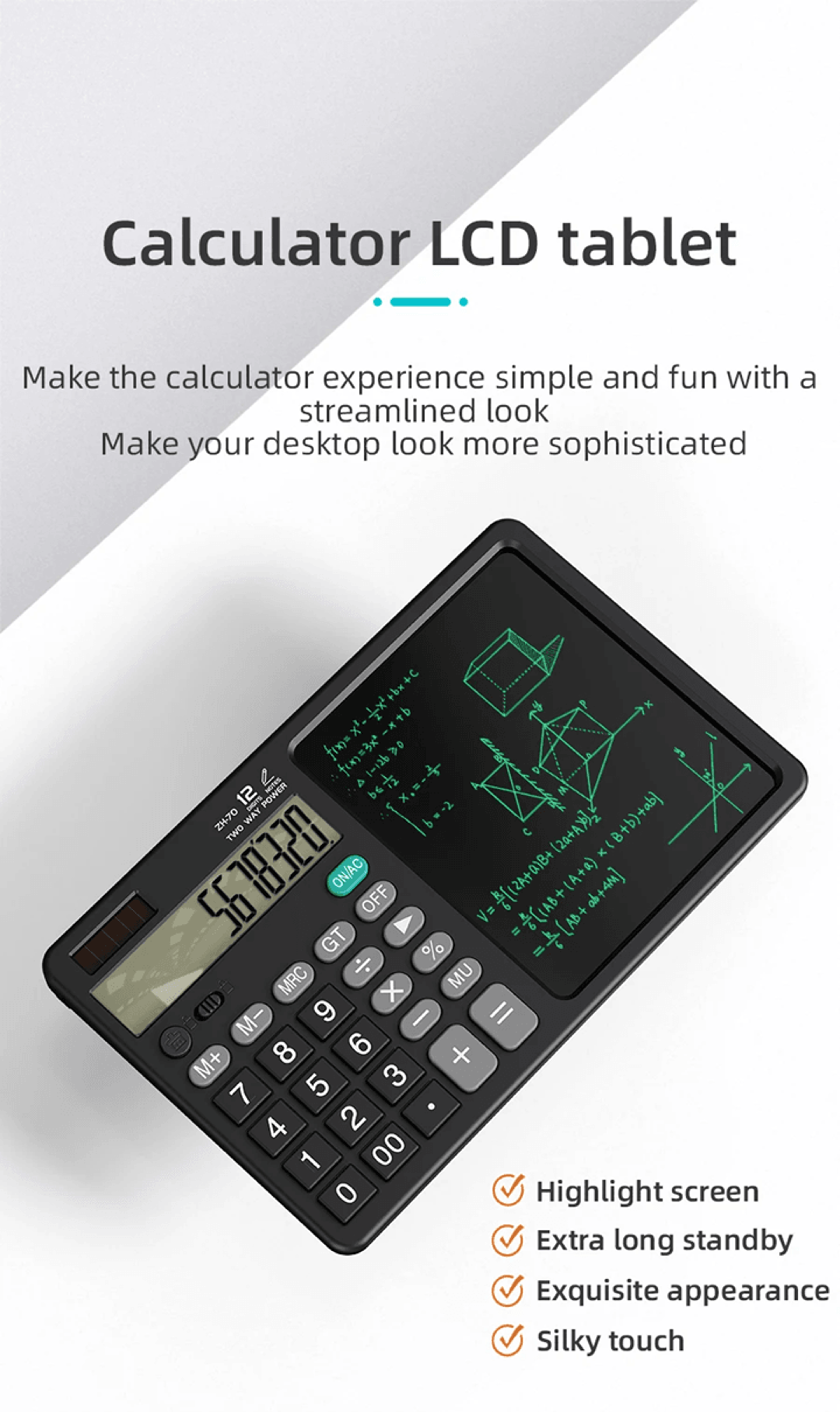 Calculator Writing Tablet with Stylus Folding 12 Digit Desktop Calculator