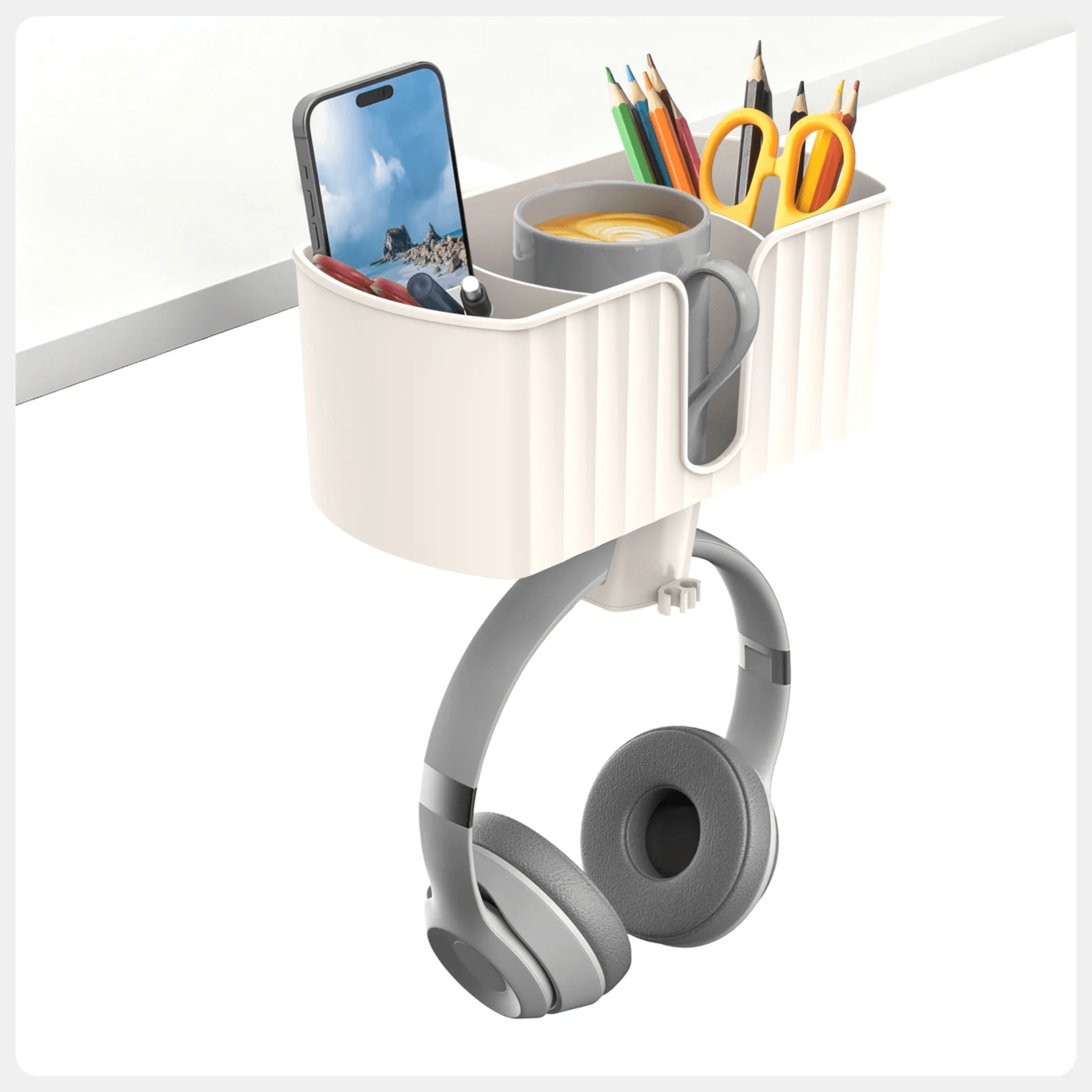 4 in 1 Under Desk Headphone Hanger Clamp with Cup Holder and Pen Storage