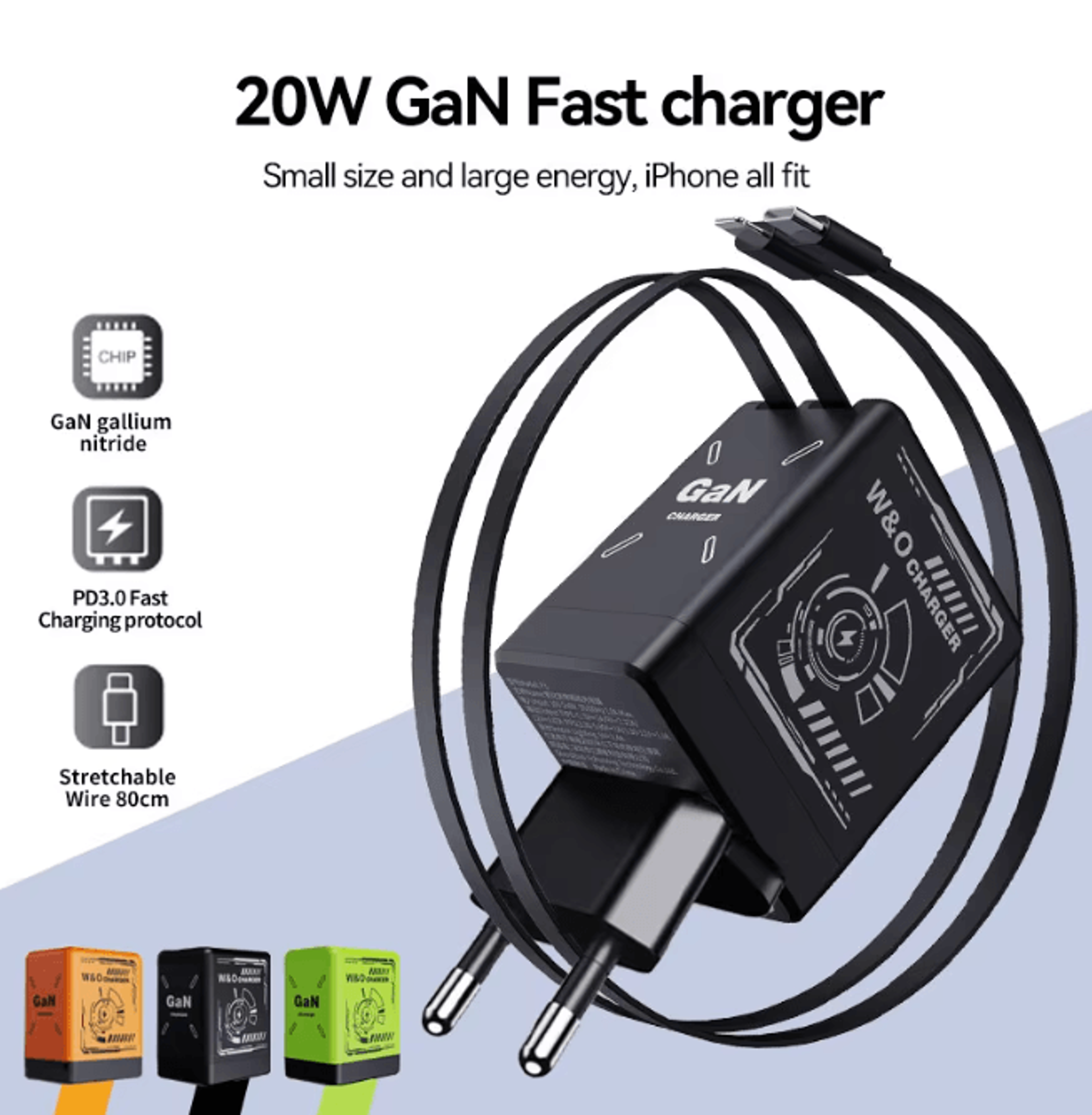 Gan 120W Fast Charger with Retractable Usb C and Lightning Cable