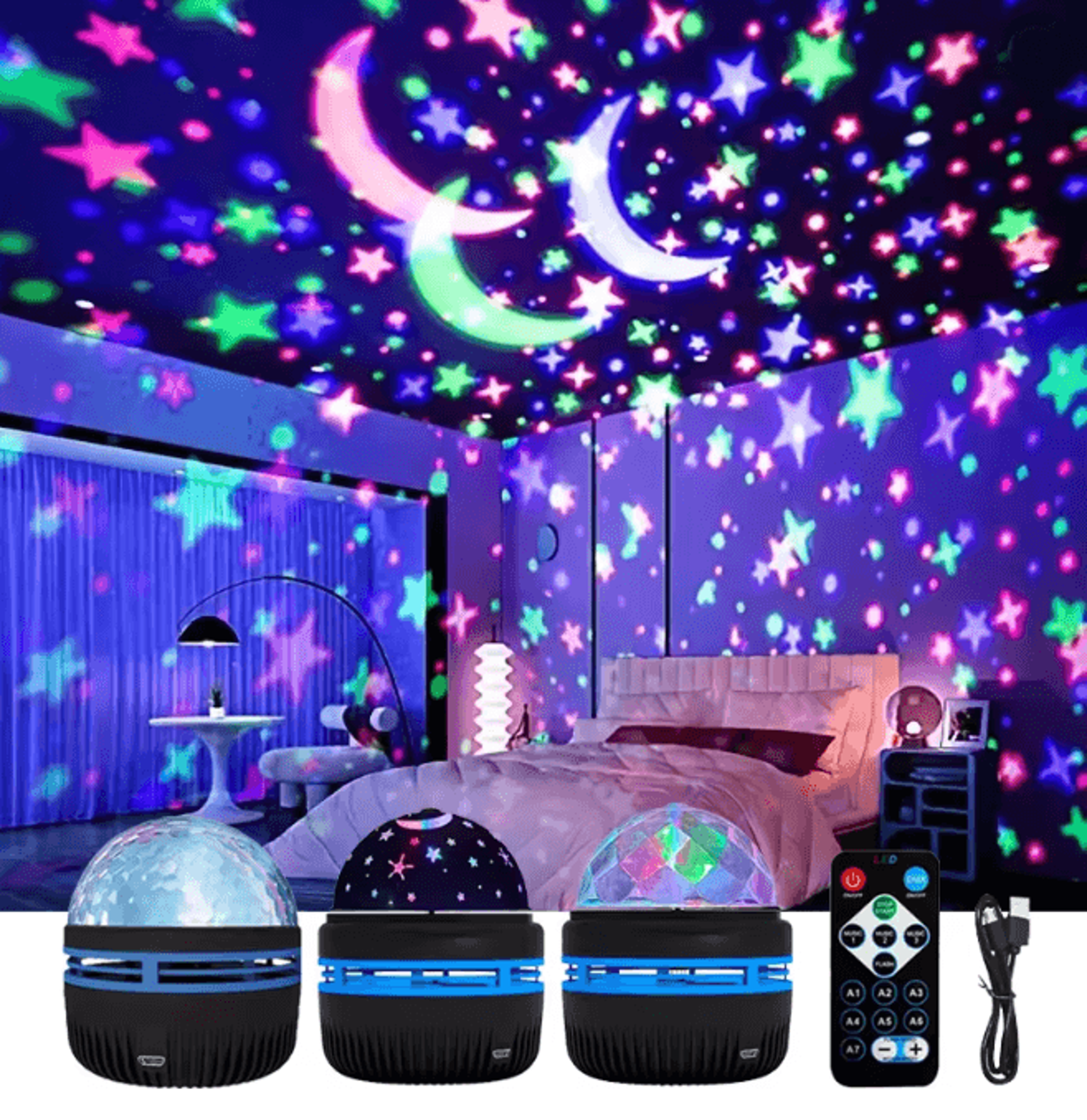 LED Starry Night Projector Lamp with Rotating Moon Light and Remote Control