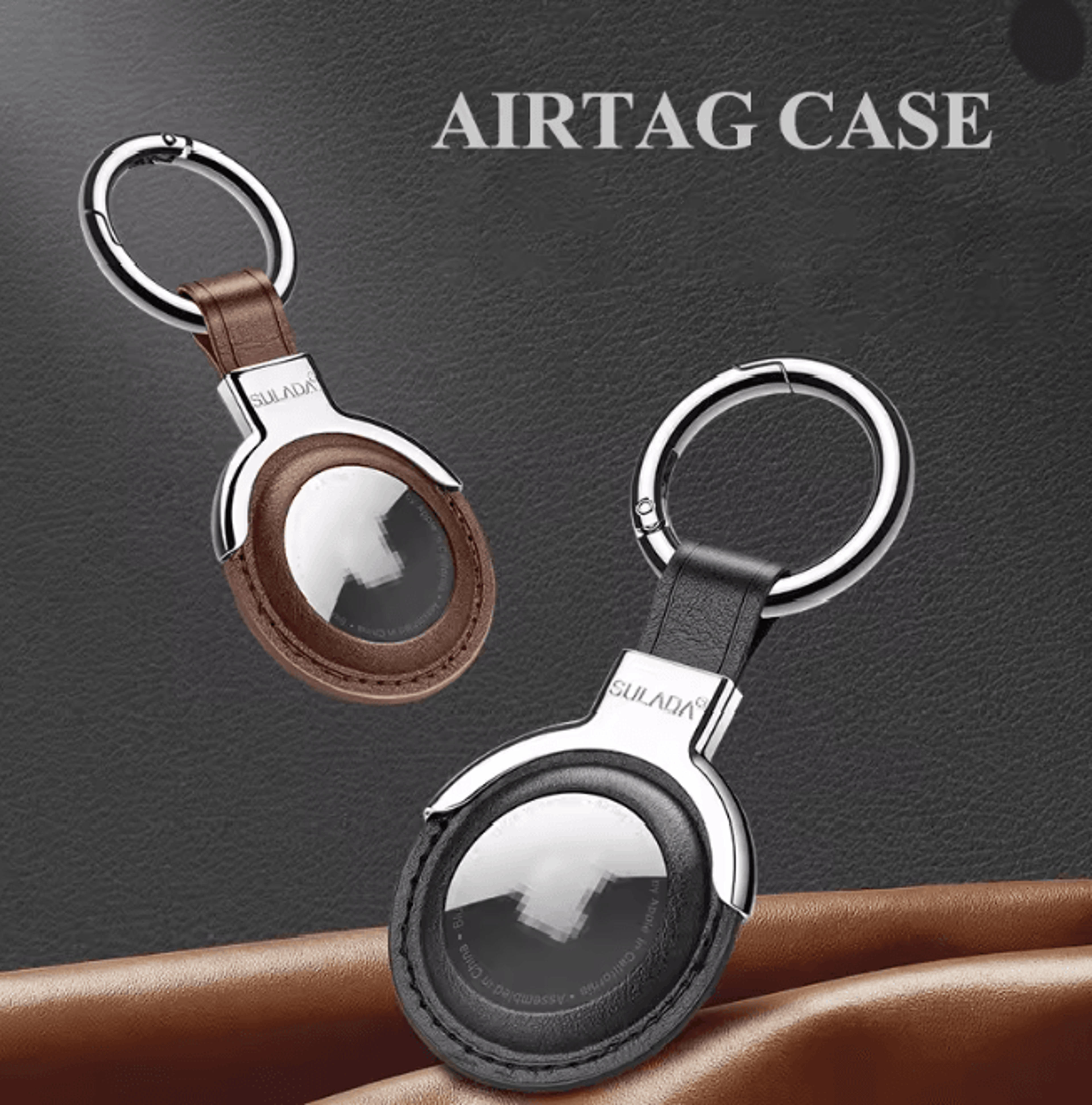 Leather AirTag Case with Keychain Protective Holder for Keys Bags and Pets