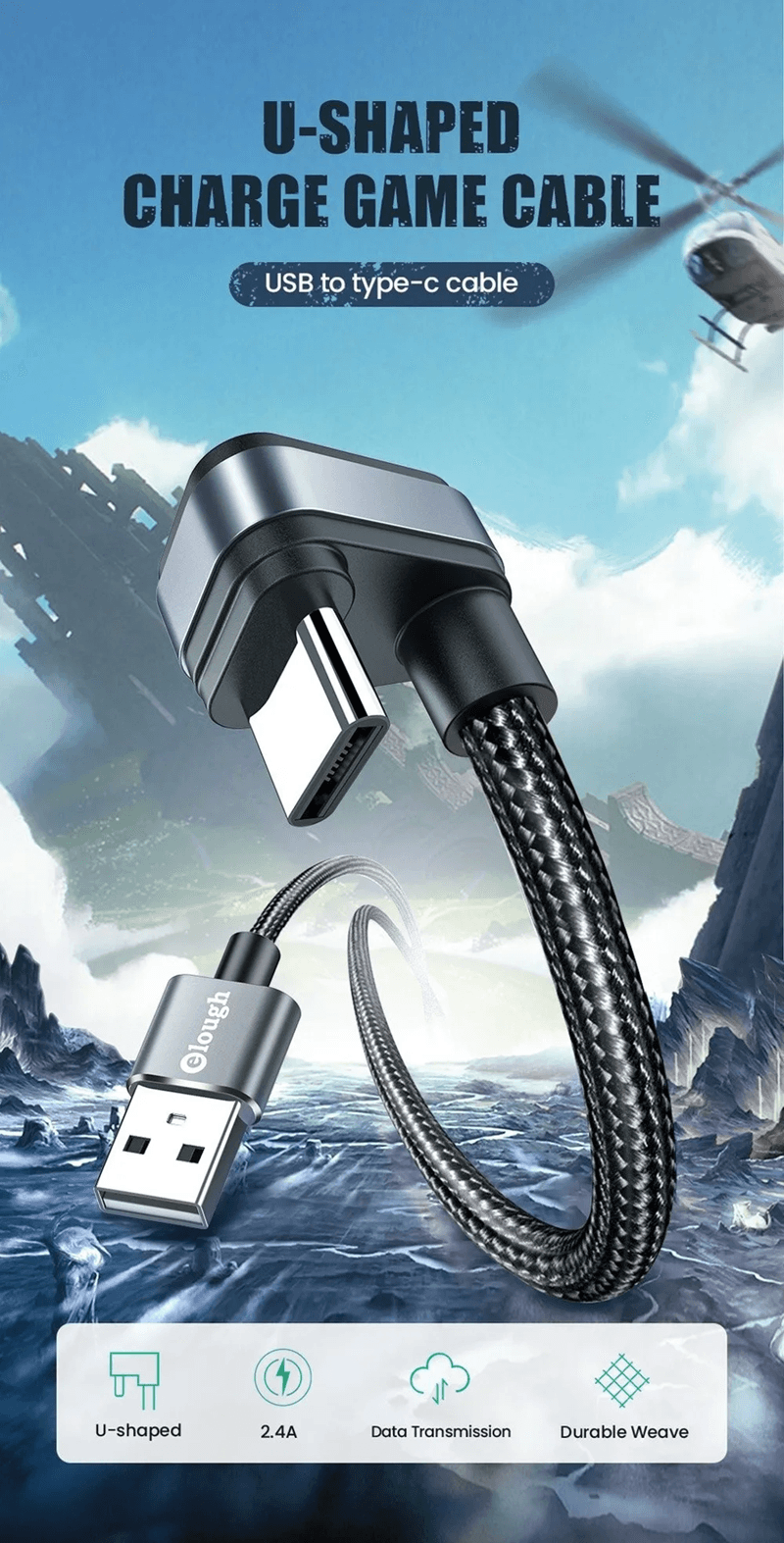 Fast Charging USB Type C Cable 90 Degree Angle Gaming Data Cord