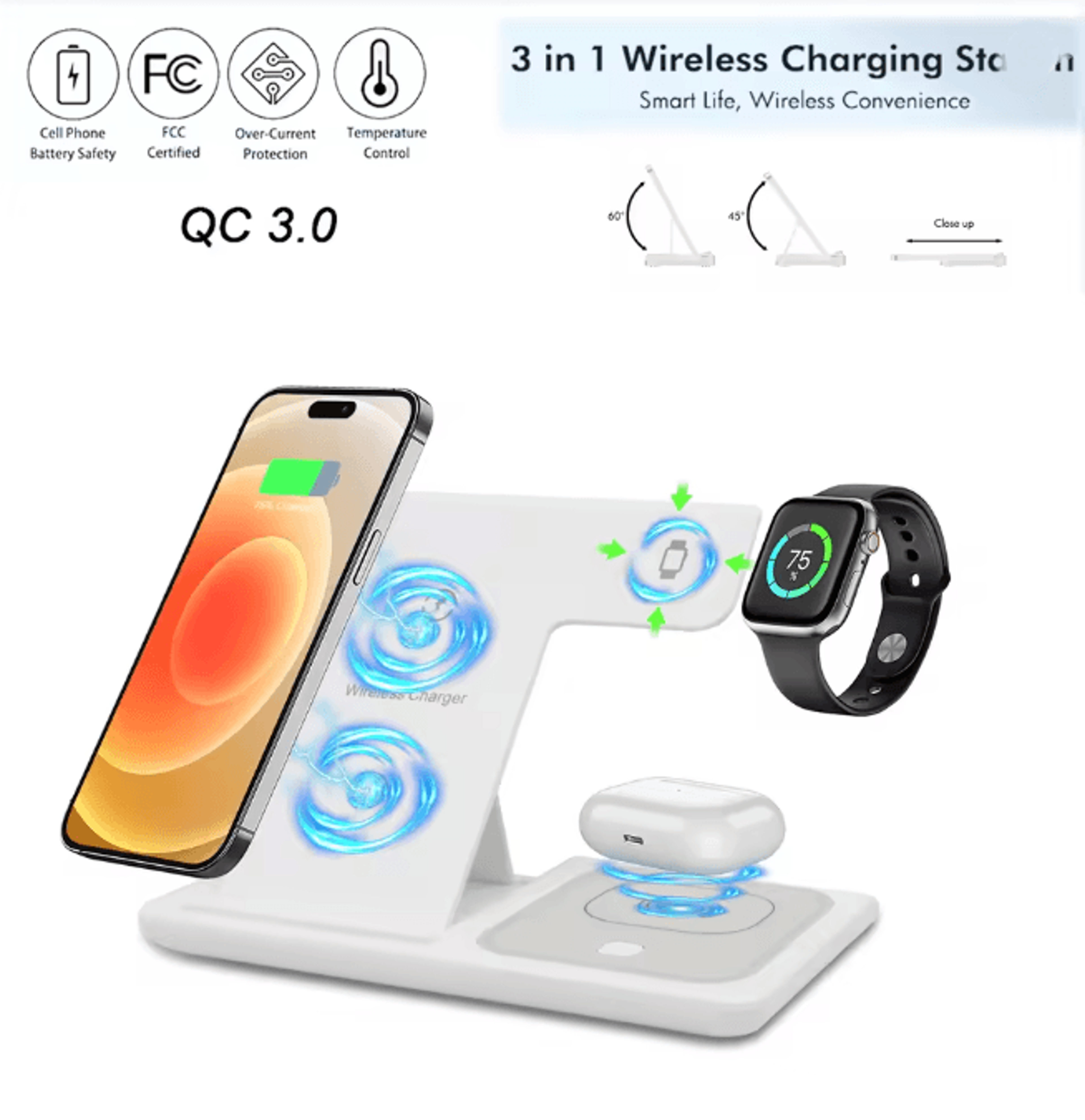 3 In 1 Magnetic Wireless Charging Station Fast Charger for iPhone Watch and AirPods