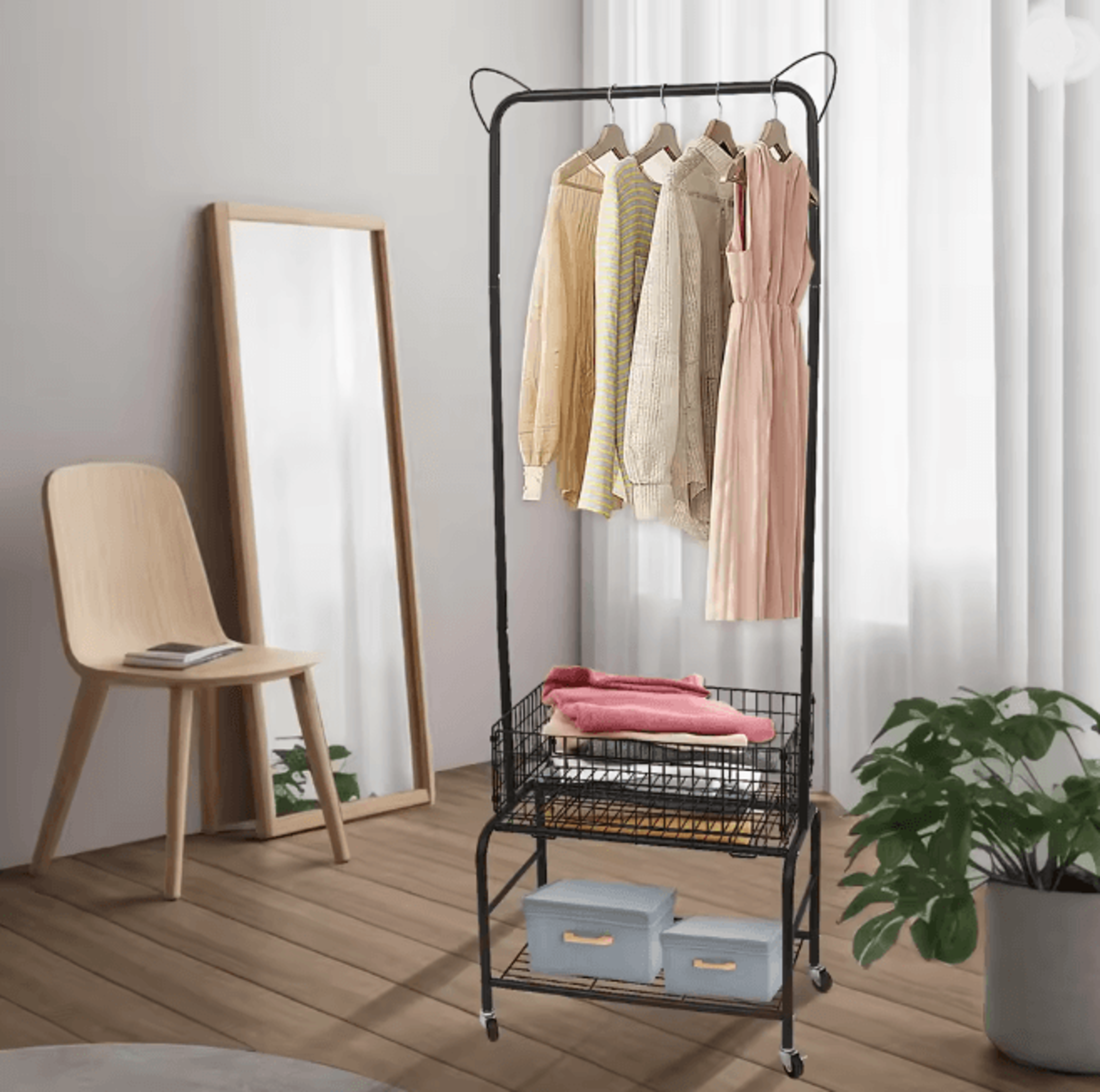 rolling metal garment rack with basket shelf foldable clothes and shoe organizer