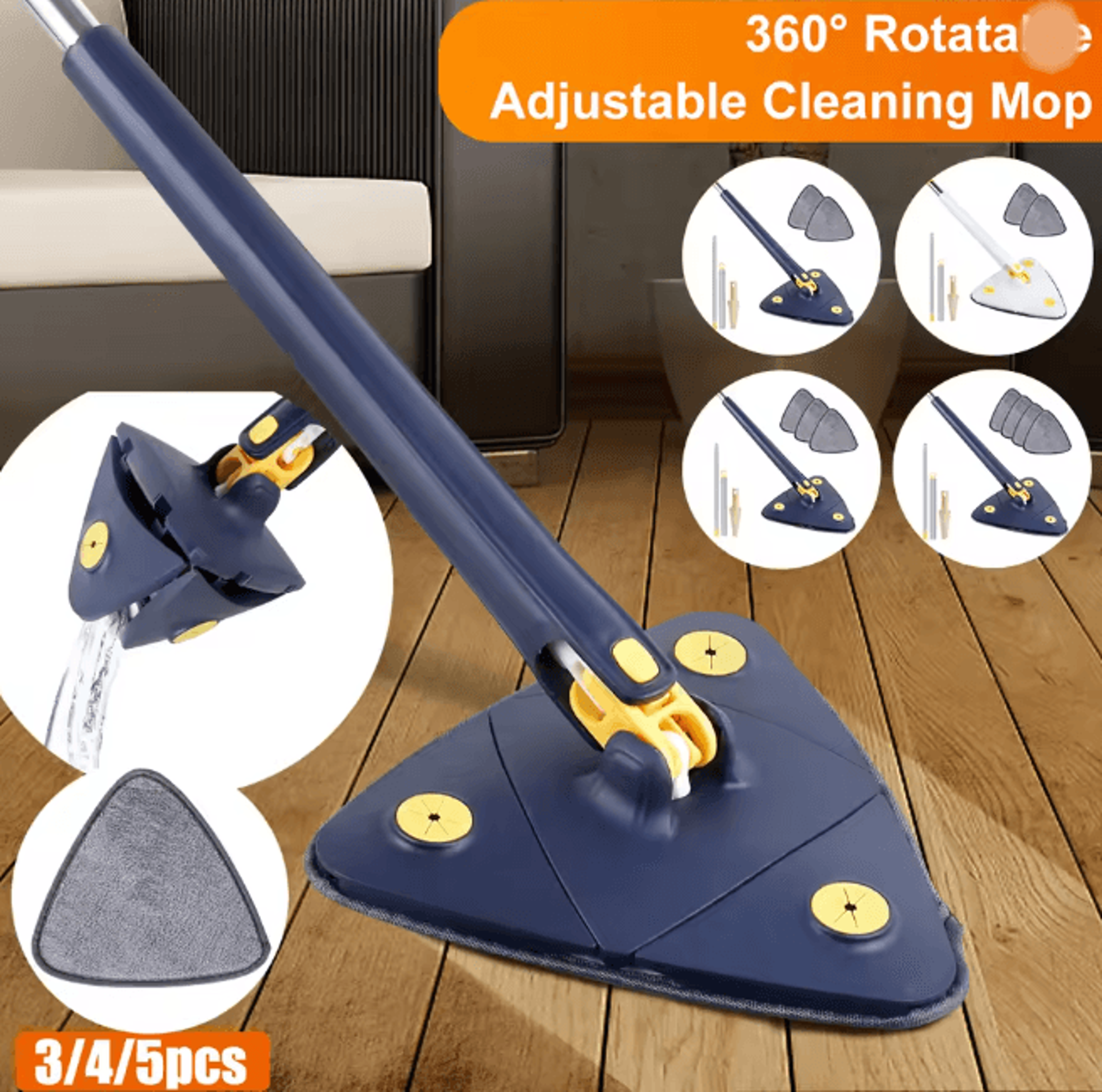 triclean 360 rotating triangle mop self wringing adjustable floor cleaner