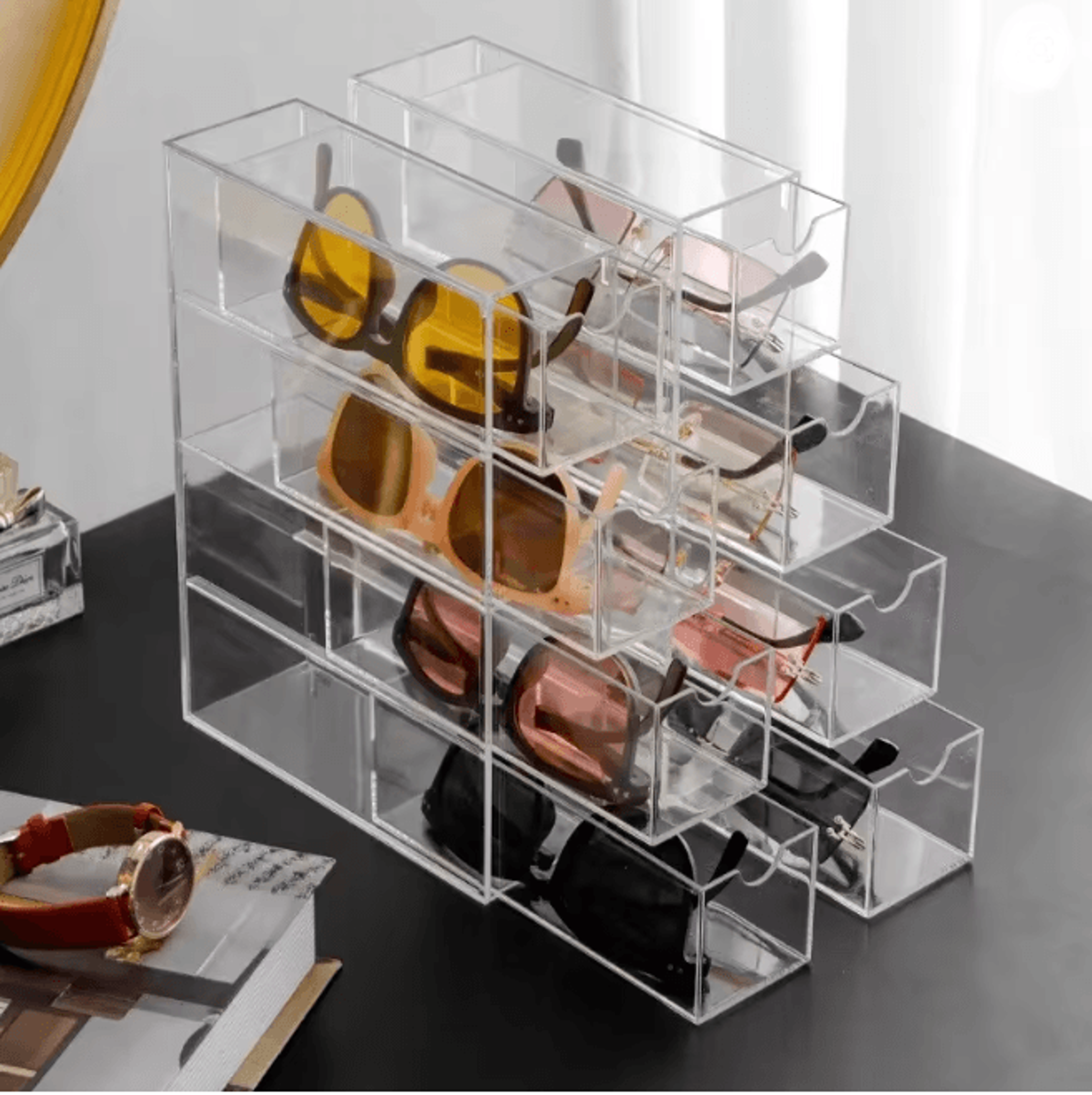 ClearView Acrylic Glasses Organizer Stackable Storage Box with Drawers