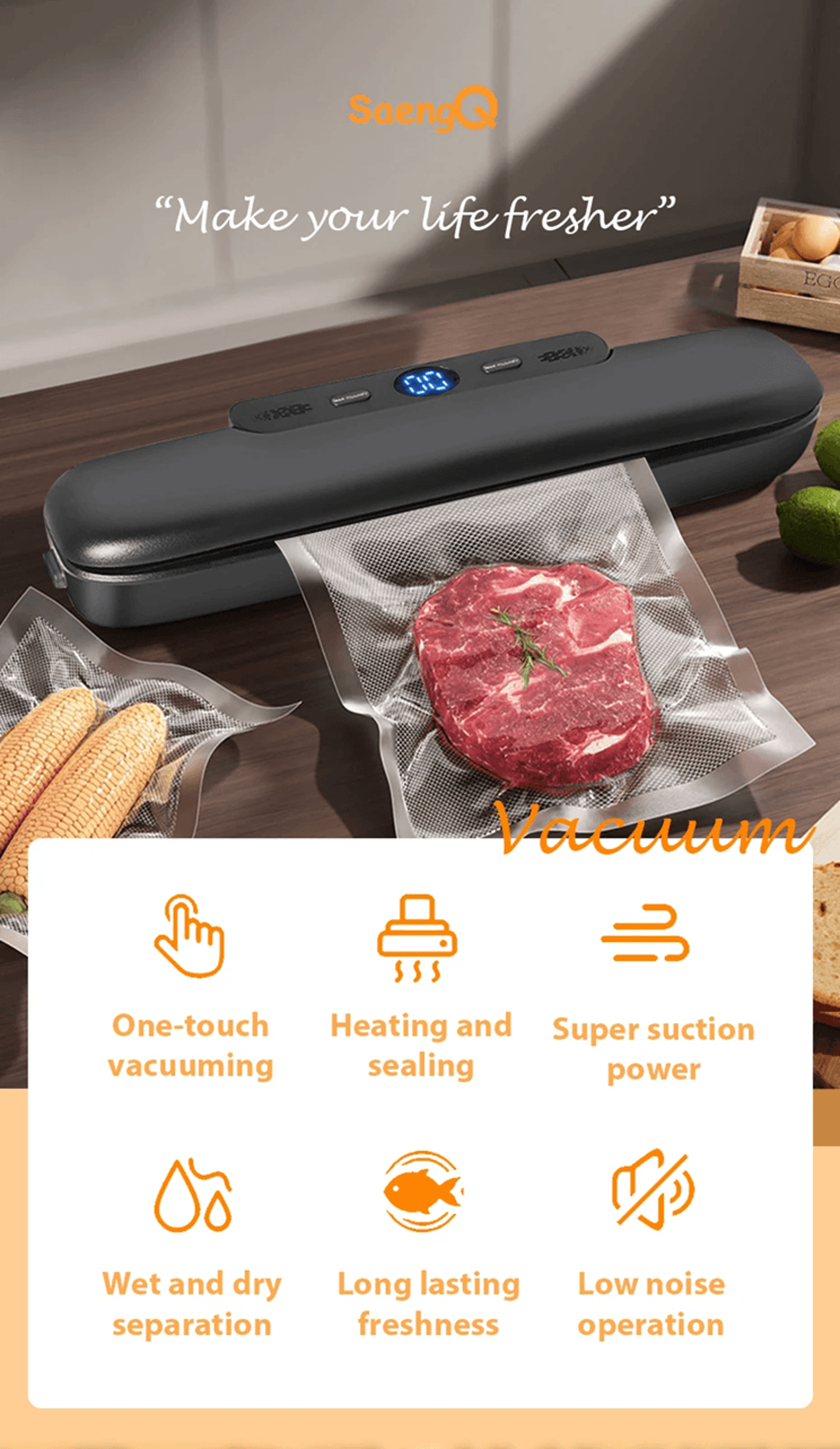 saengQ Automatic Vacuum Sealer Food Packaging Machine for Home Use