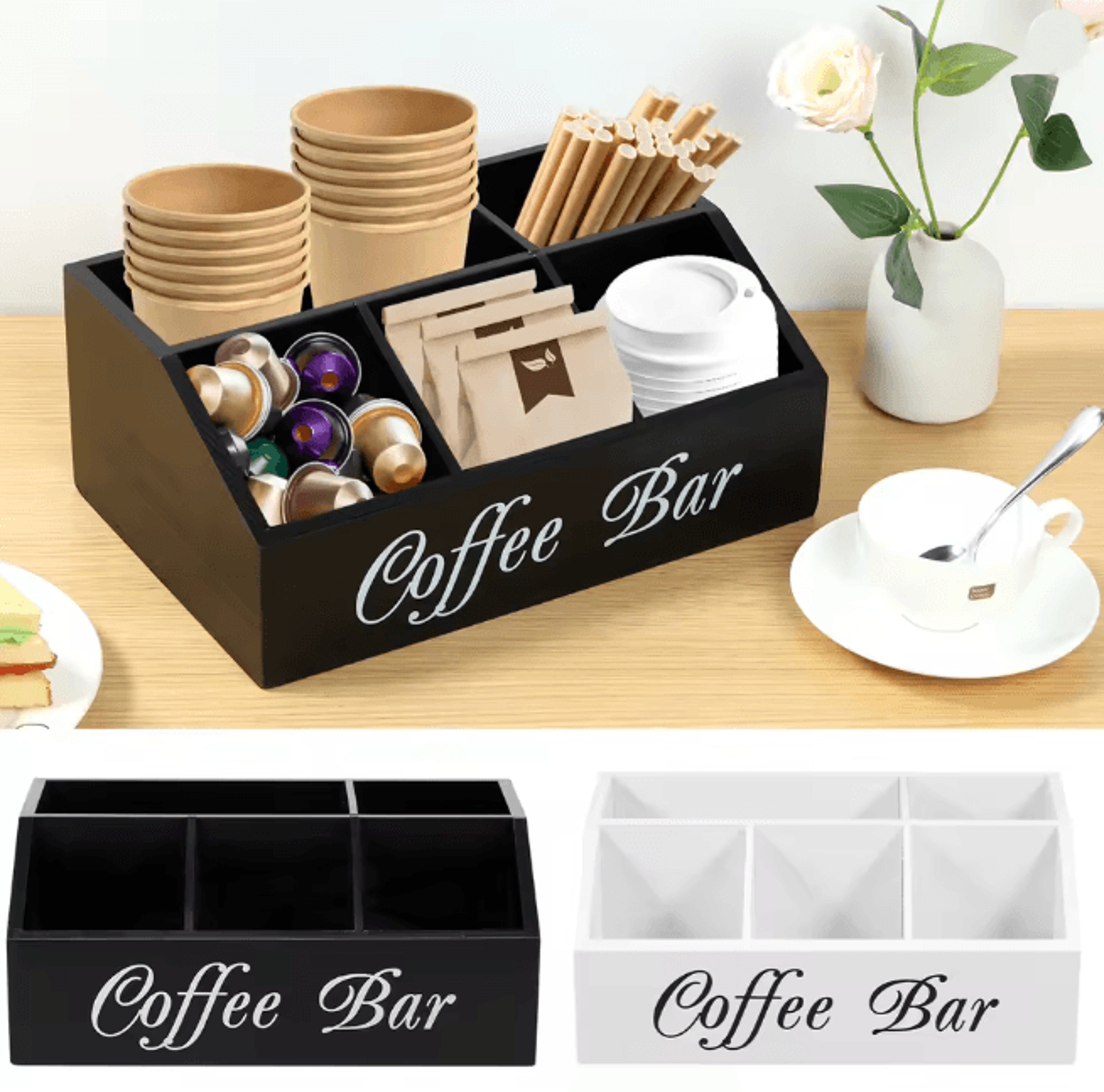 Wooden Coffee Bar Organizer Coffee Rack with Storage Compartments