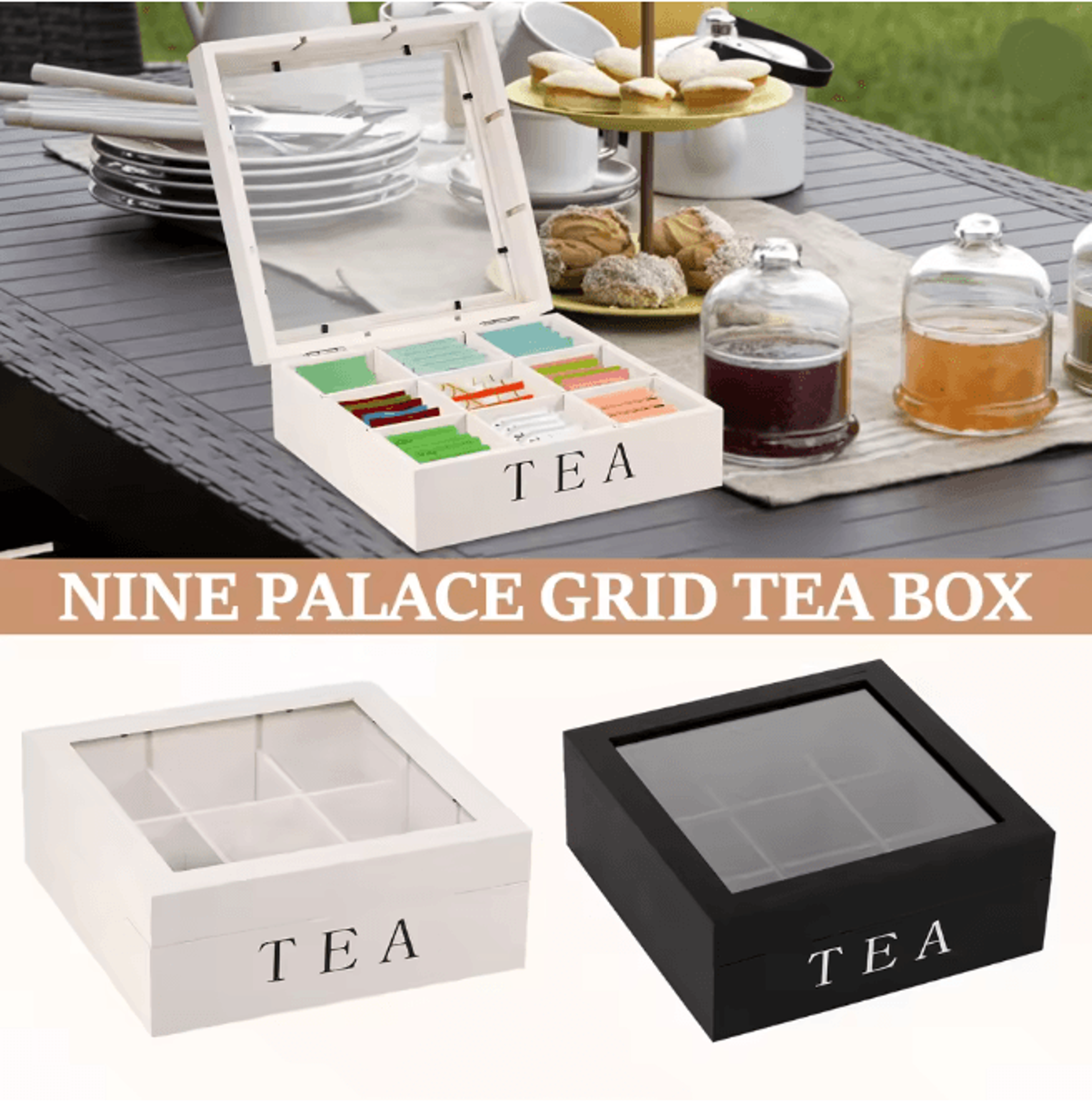 wood tea bag storage box with clear lid and dividers