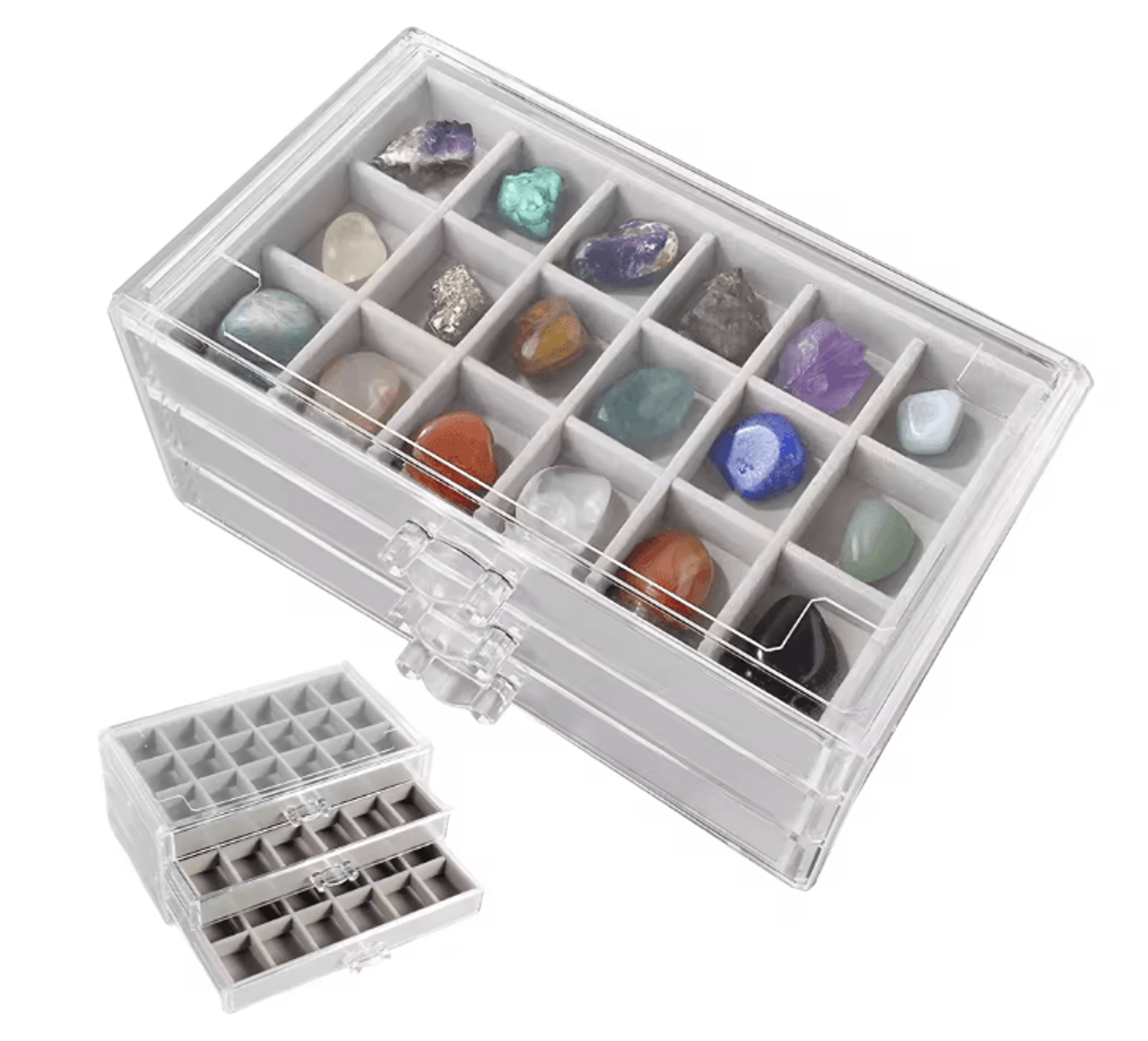 Rock Display Case with Drawers Clear Gemstone and Crystal Storage Box