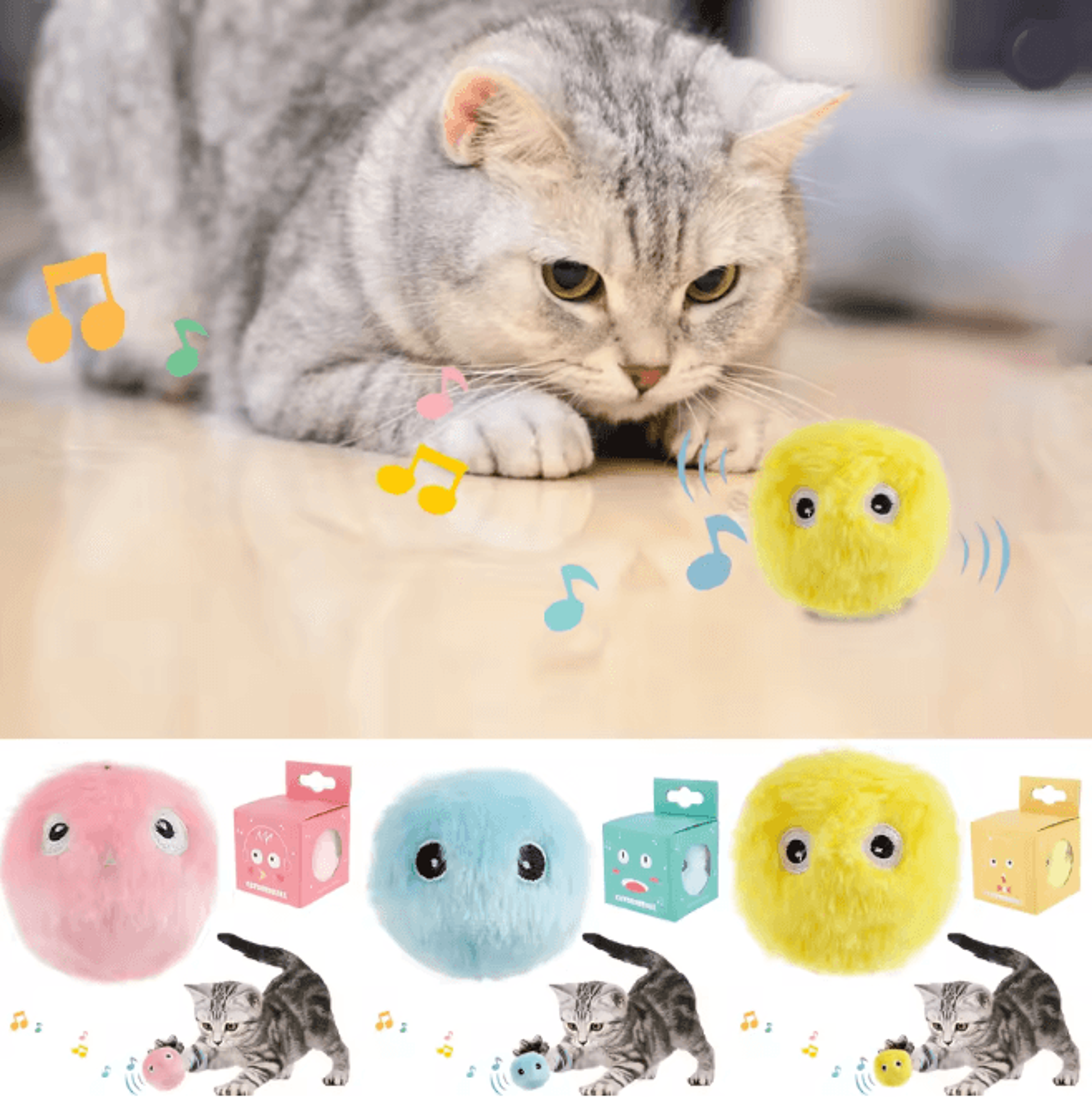 Interactive Cat Toy Balls Smart Plush Chirping Pet Play Set