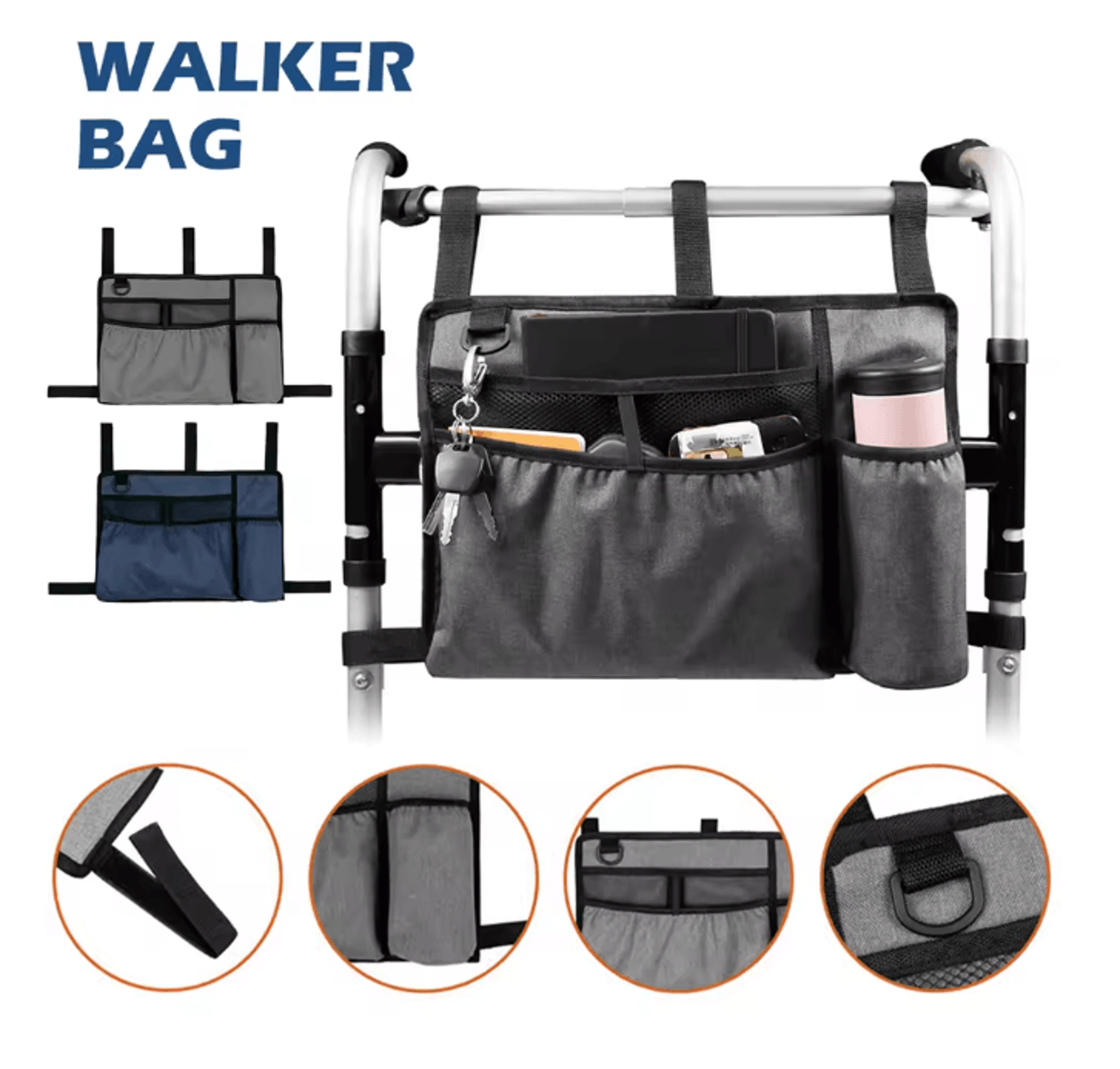 large capacity walker storage bag with cup holder for wheelchairs and rollators