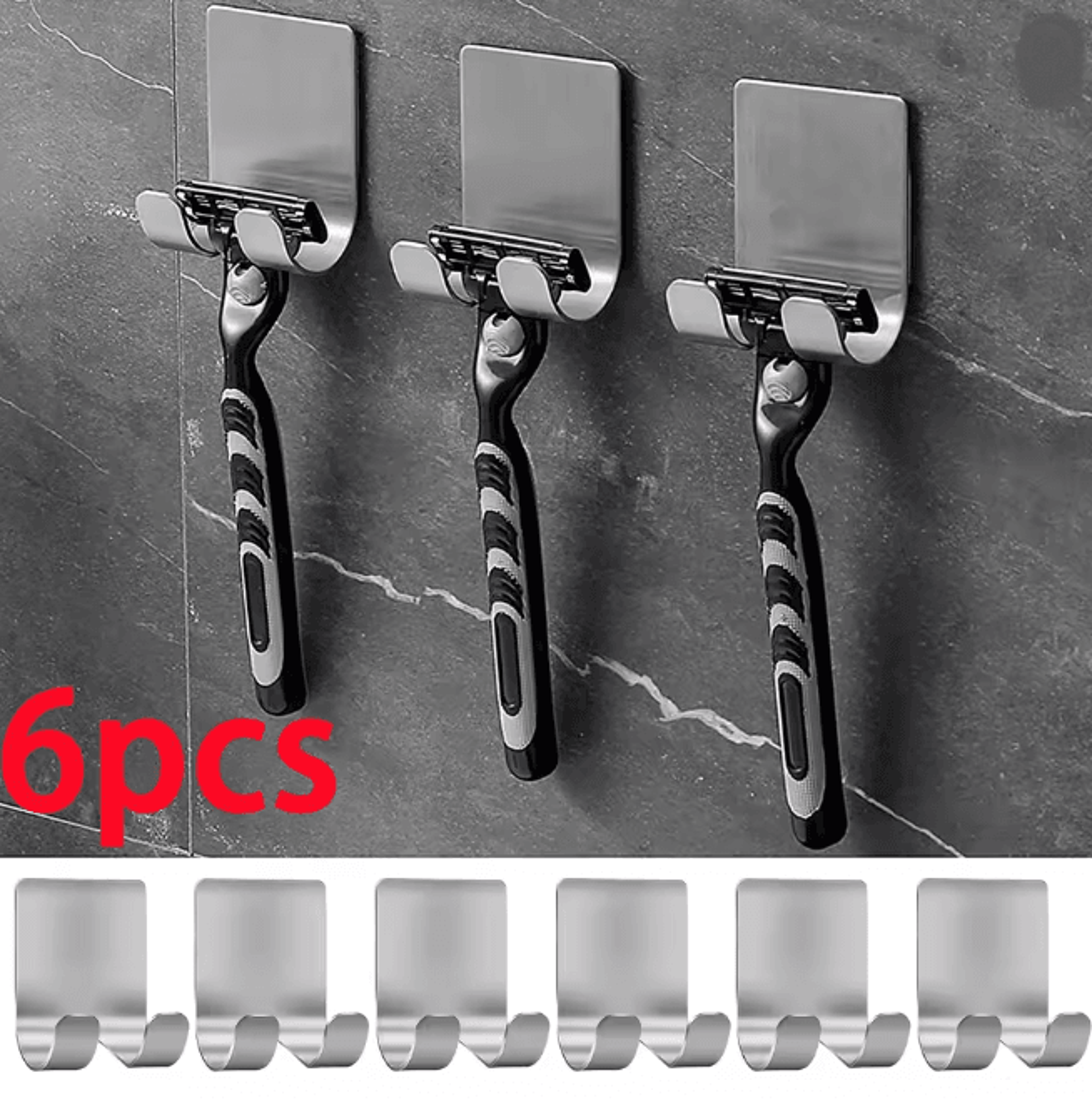 Stainless Steel Razor Holder Hooks No Drill Shaver Storage Set of 6