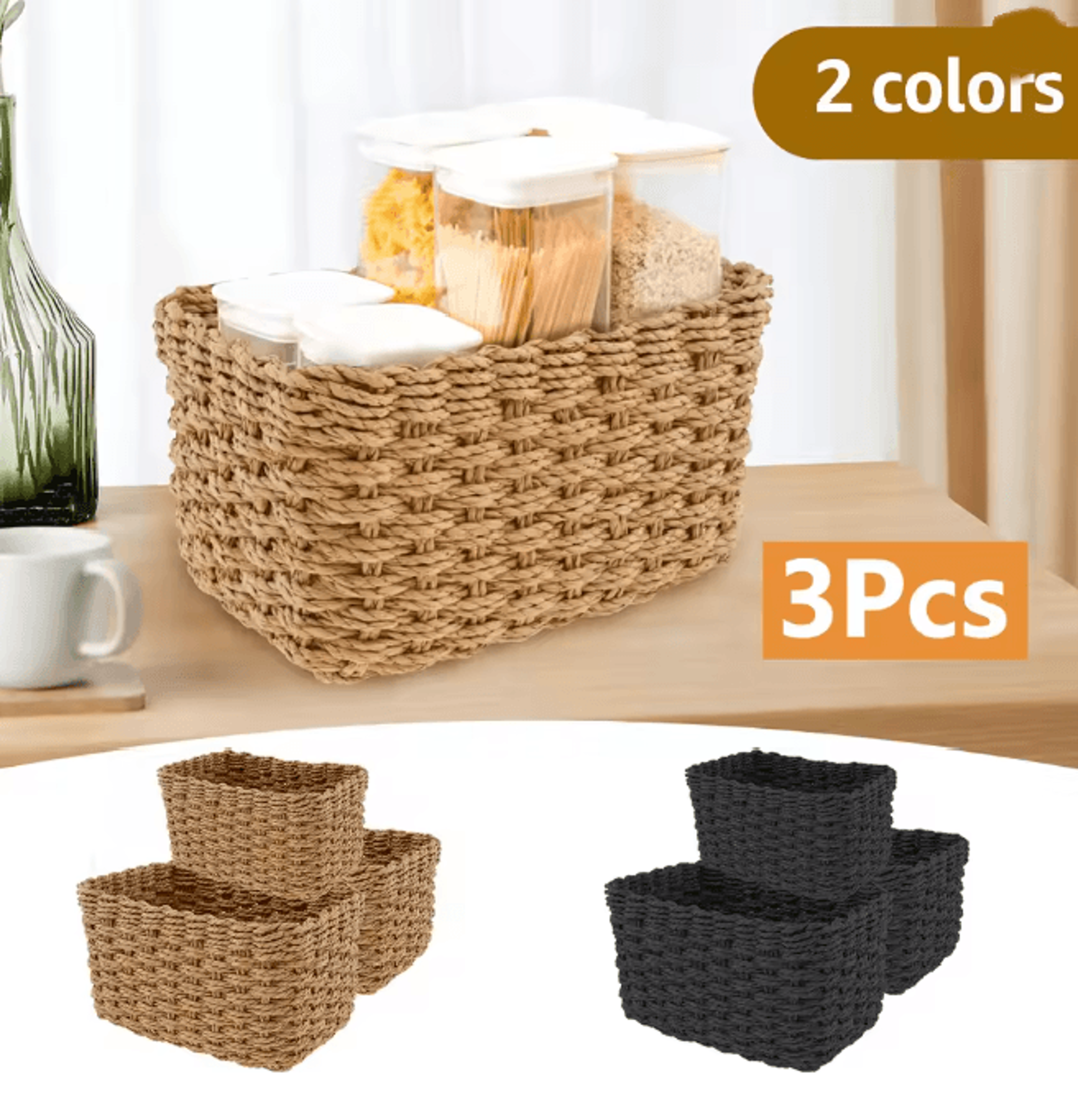 grass woven storage baskets set decorative multipurpose organizer bins set of 3
