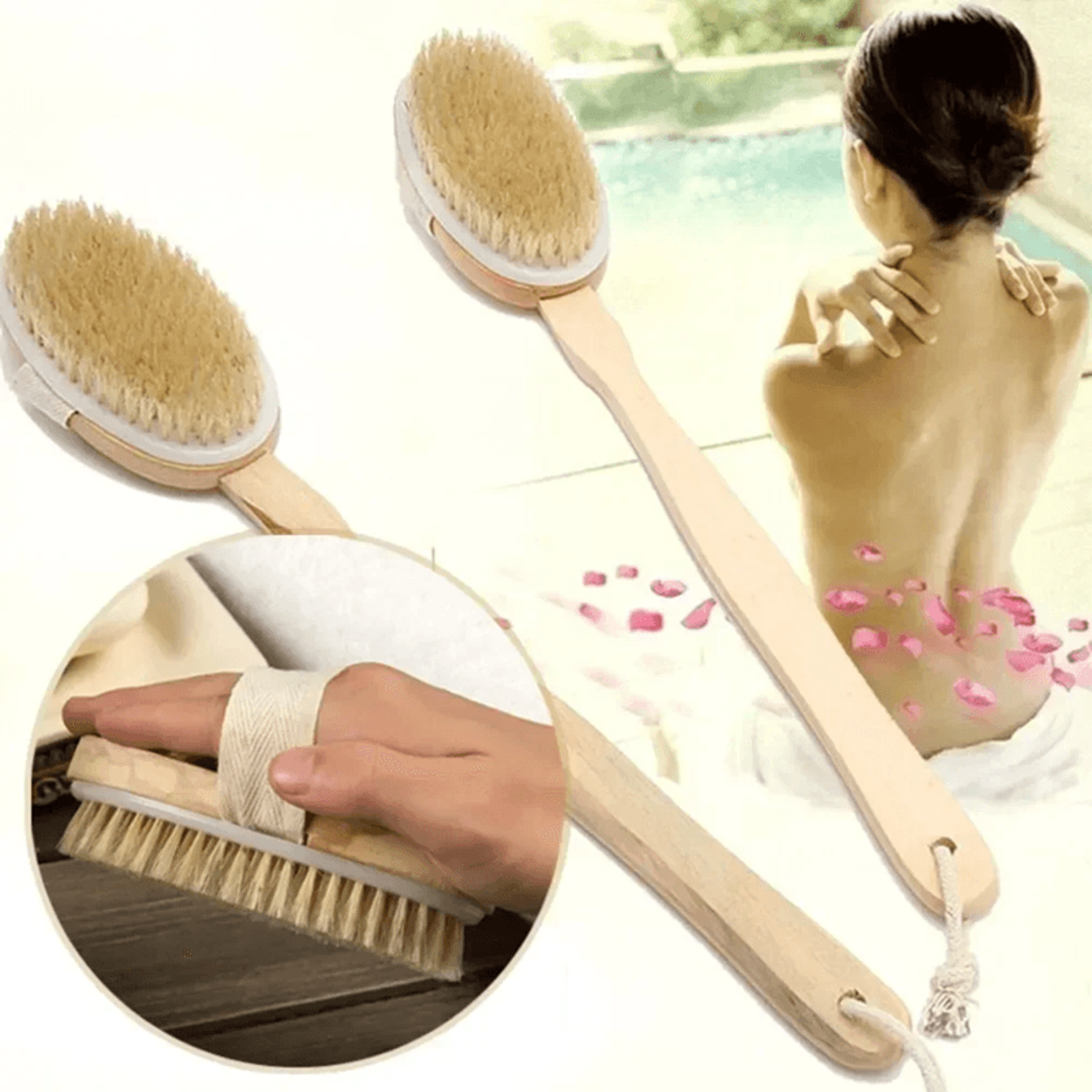 Natural Bristle Back Scrubber with Wooden Handle for Deep Exfoliation