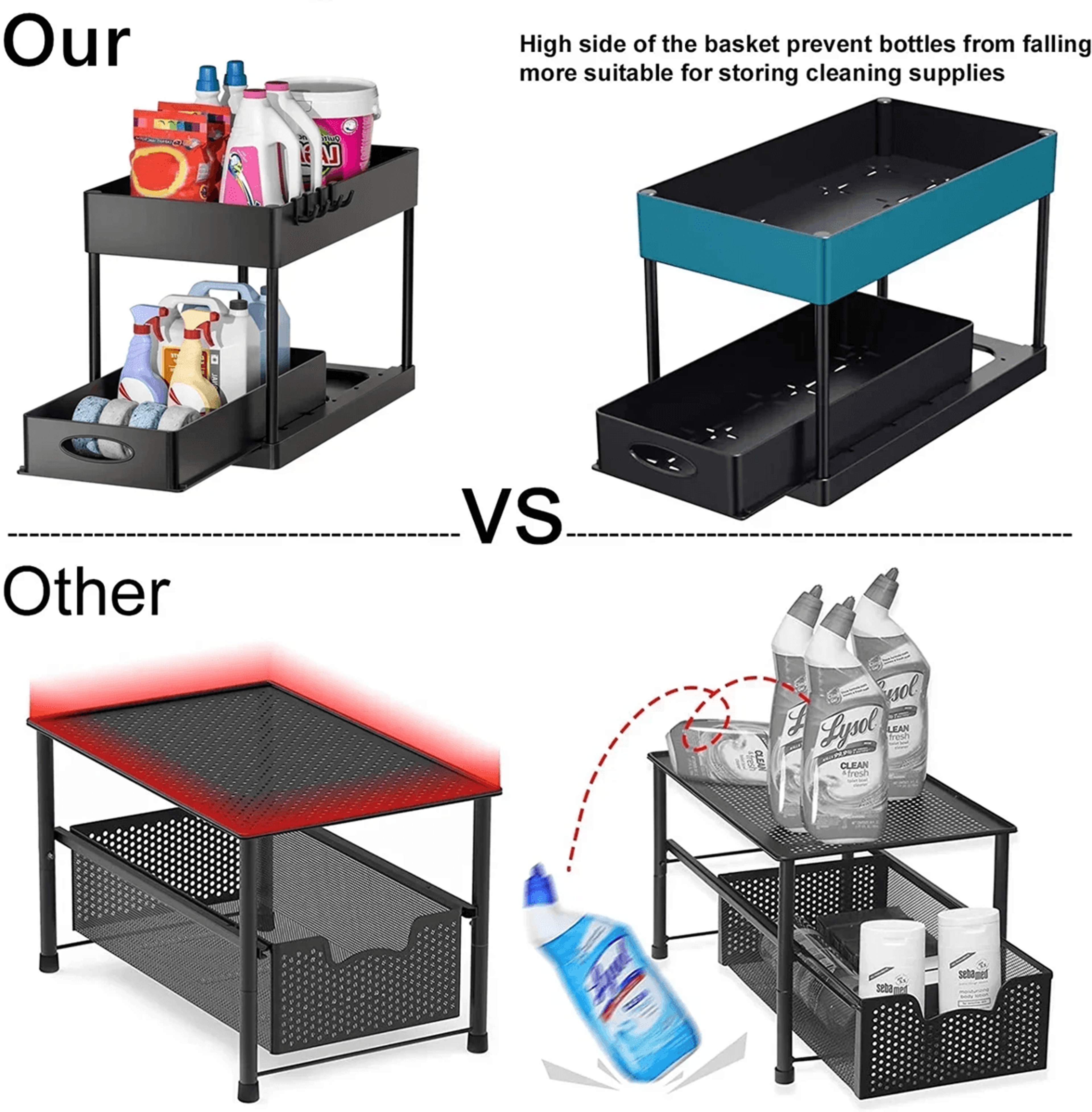 2 tier under sink organizer sliding cabinet storage rack with hooks