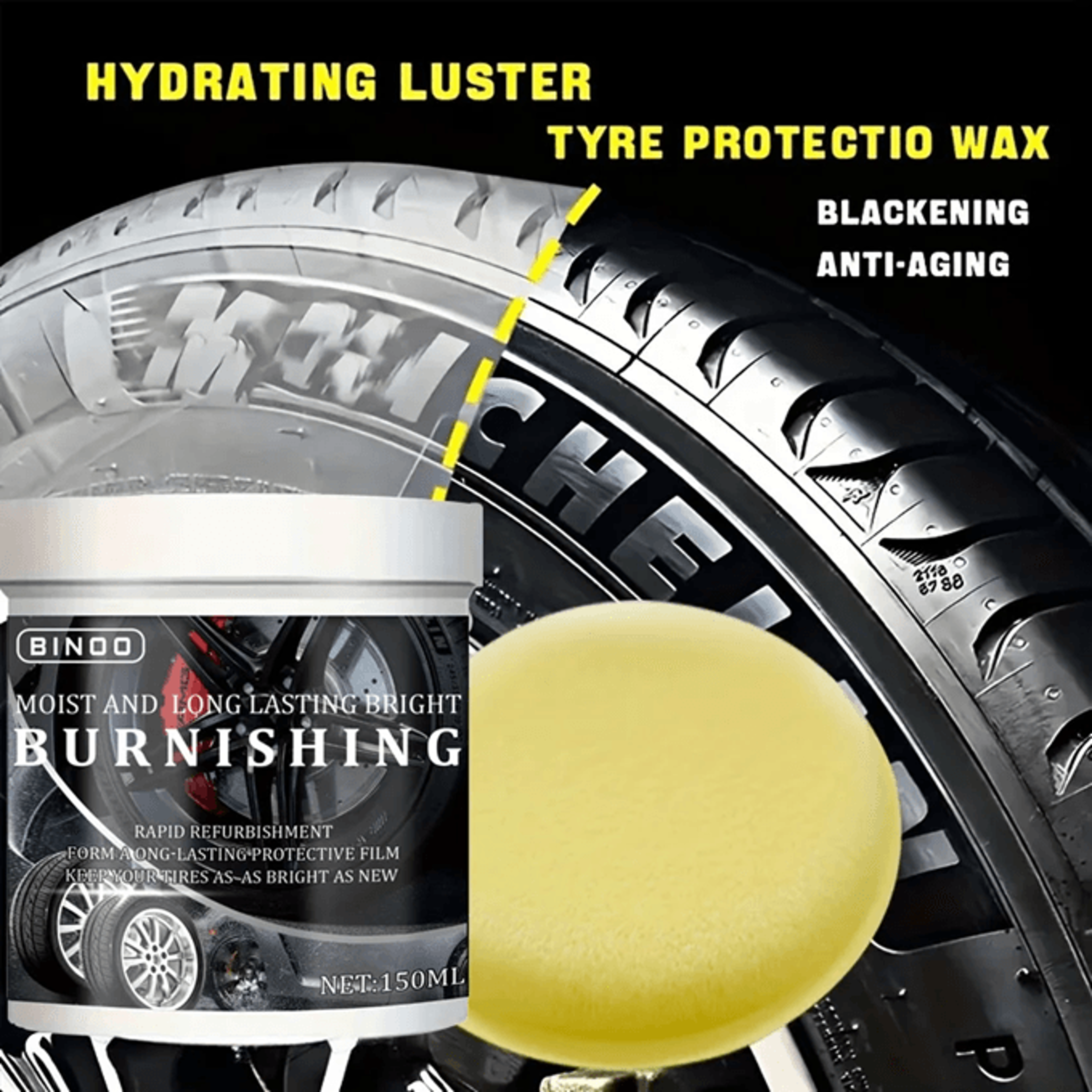 Tire Blackening Wax with Sponge Applicator for Long Lasting Shine and Protection