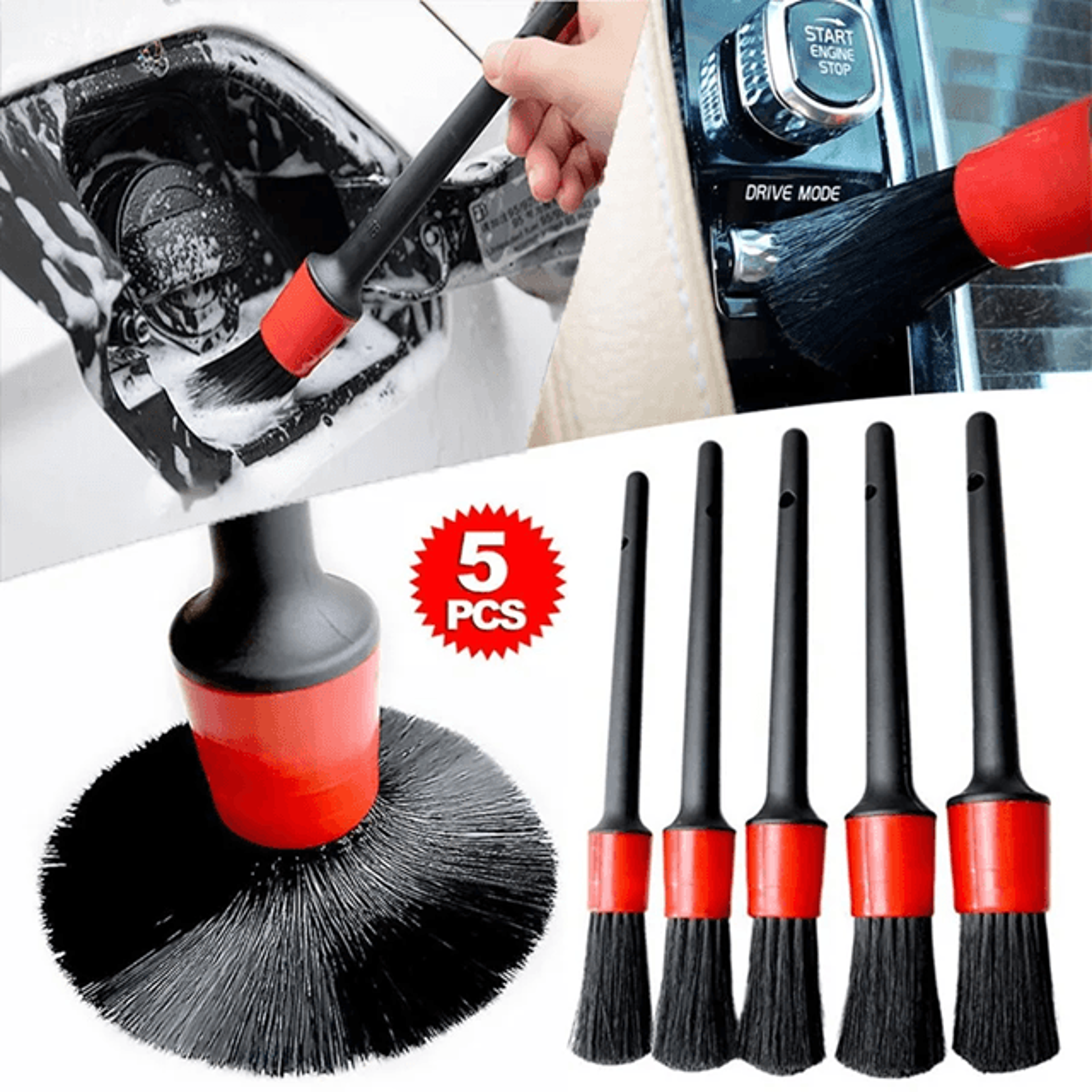 5 piece car cleaning brush kit for interior detailing and wheel care