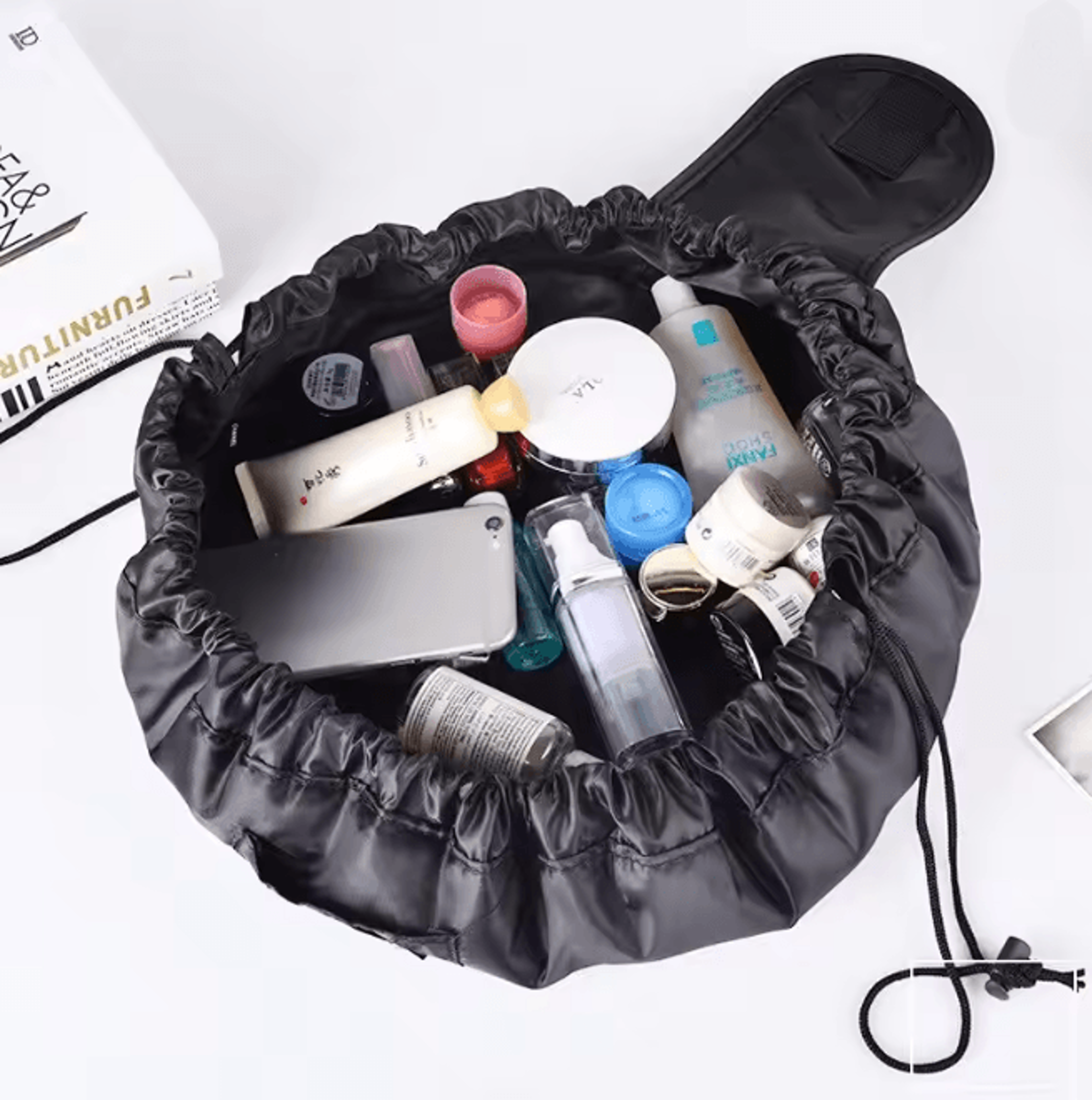GlamFold Drawstring Makeup Bag Large Capacity Travel Cosmetic Organizer