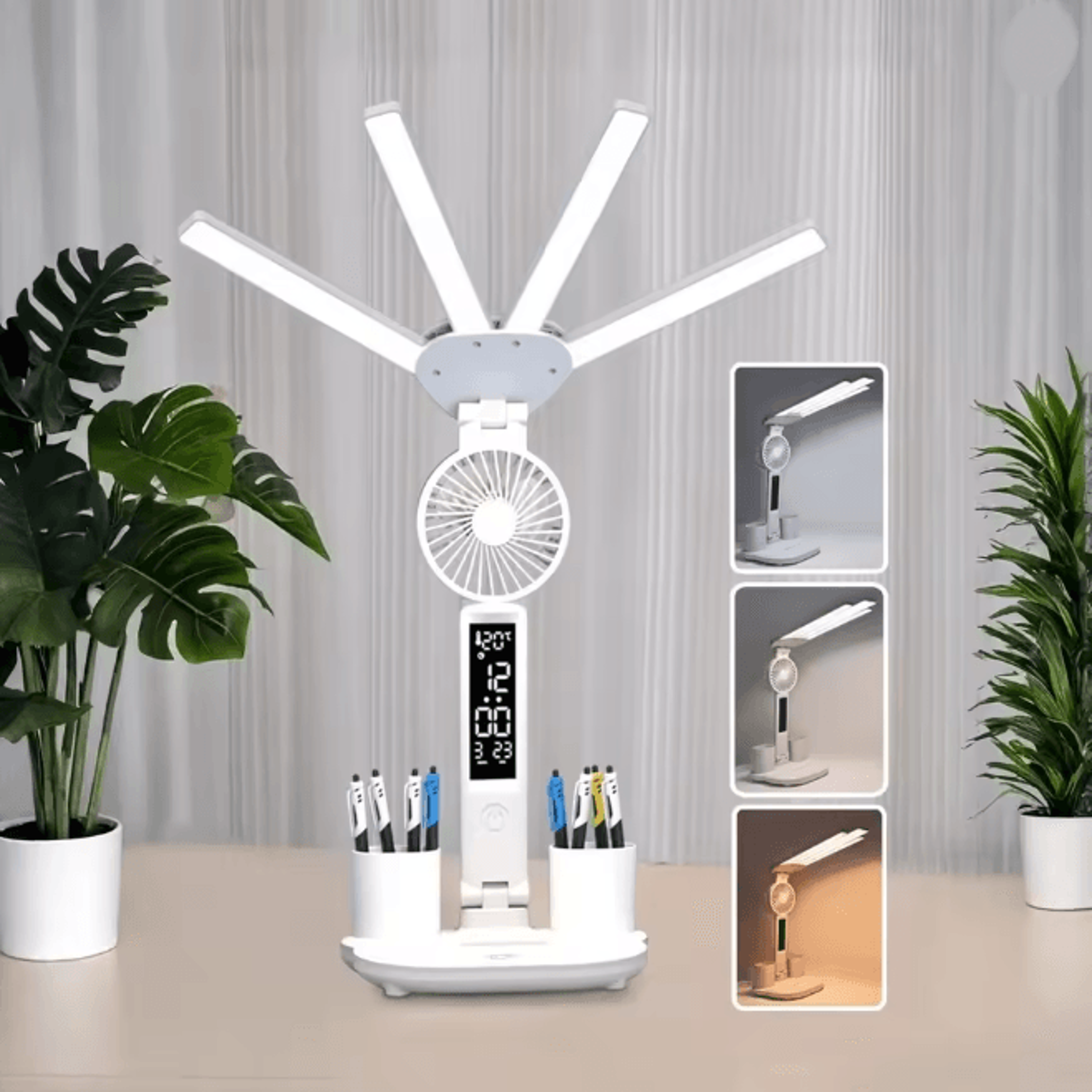 Multifunction LED Desk Lamp with Fan Clock and USB Charging Folding Table Light