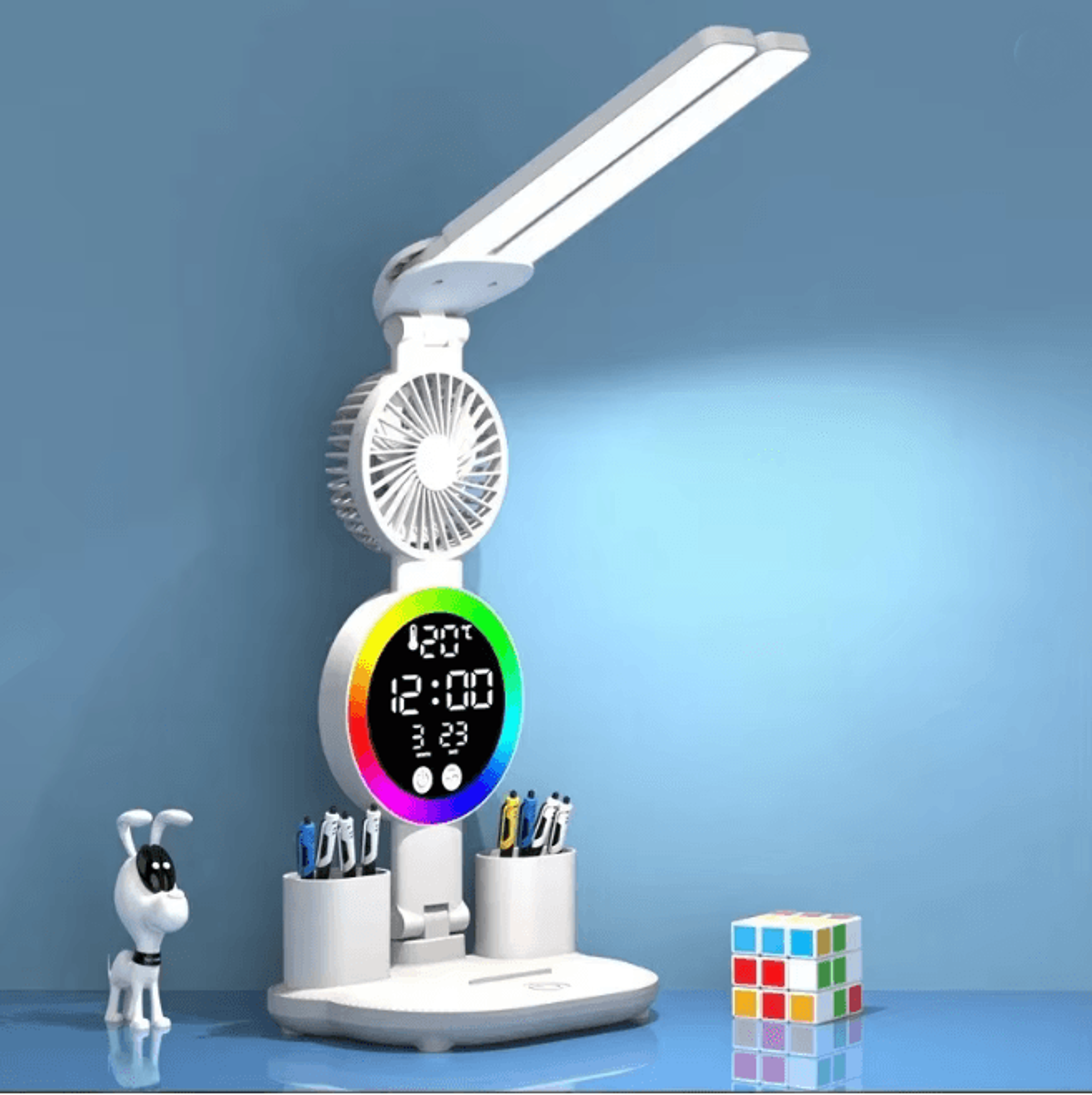 LED Desk Lamp with Fan and Clock Adjustable Reading Light for Study and Night Use
