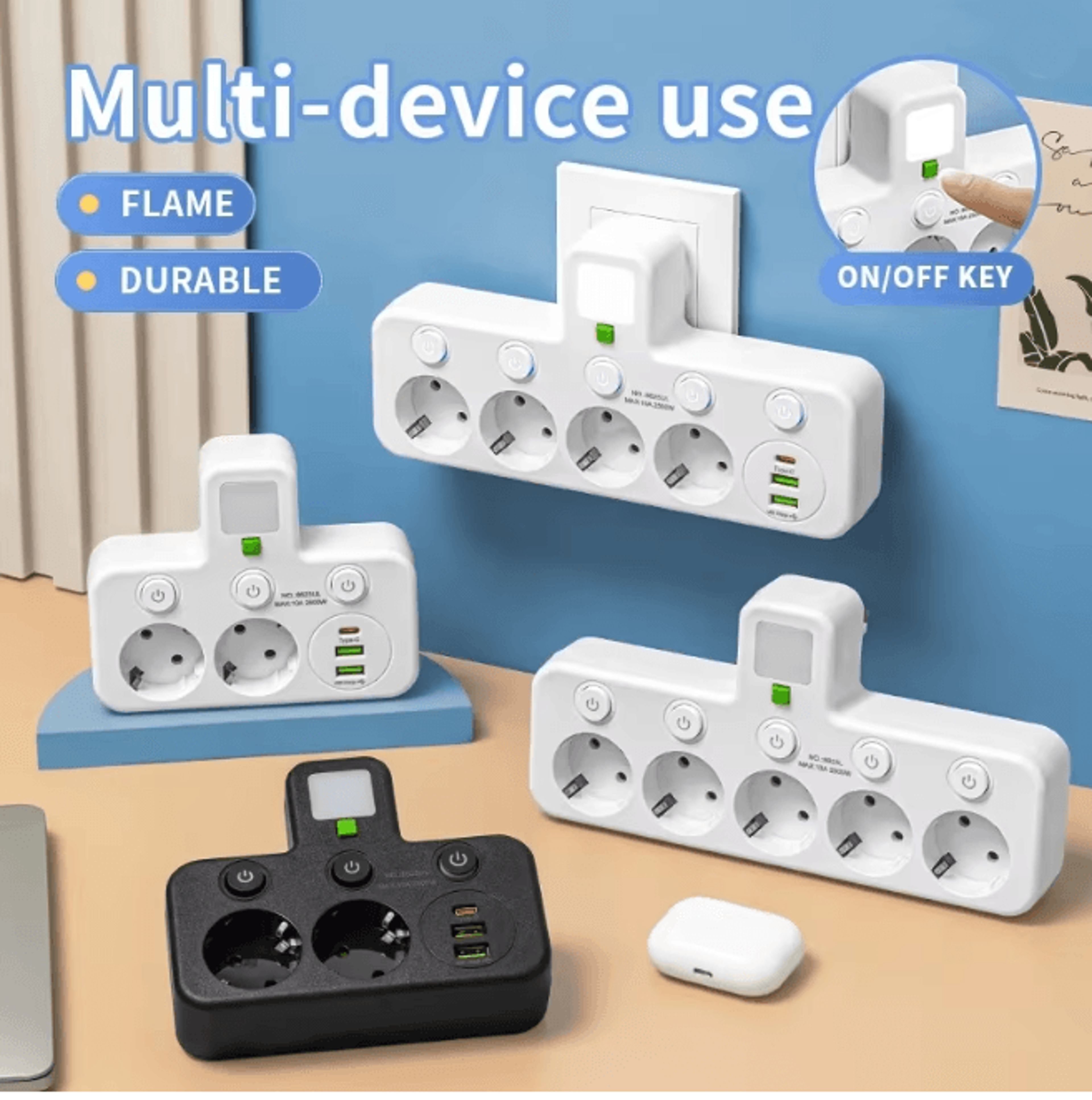 EU Multi Socket Wall Plug Adapter Four Way Power Socket Space Saving Design