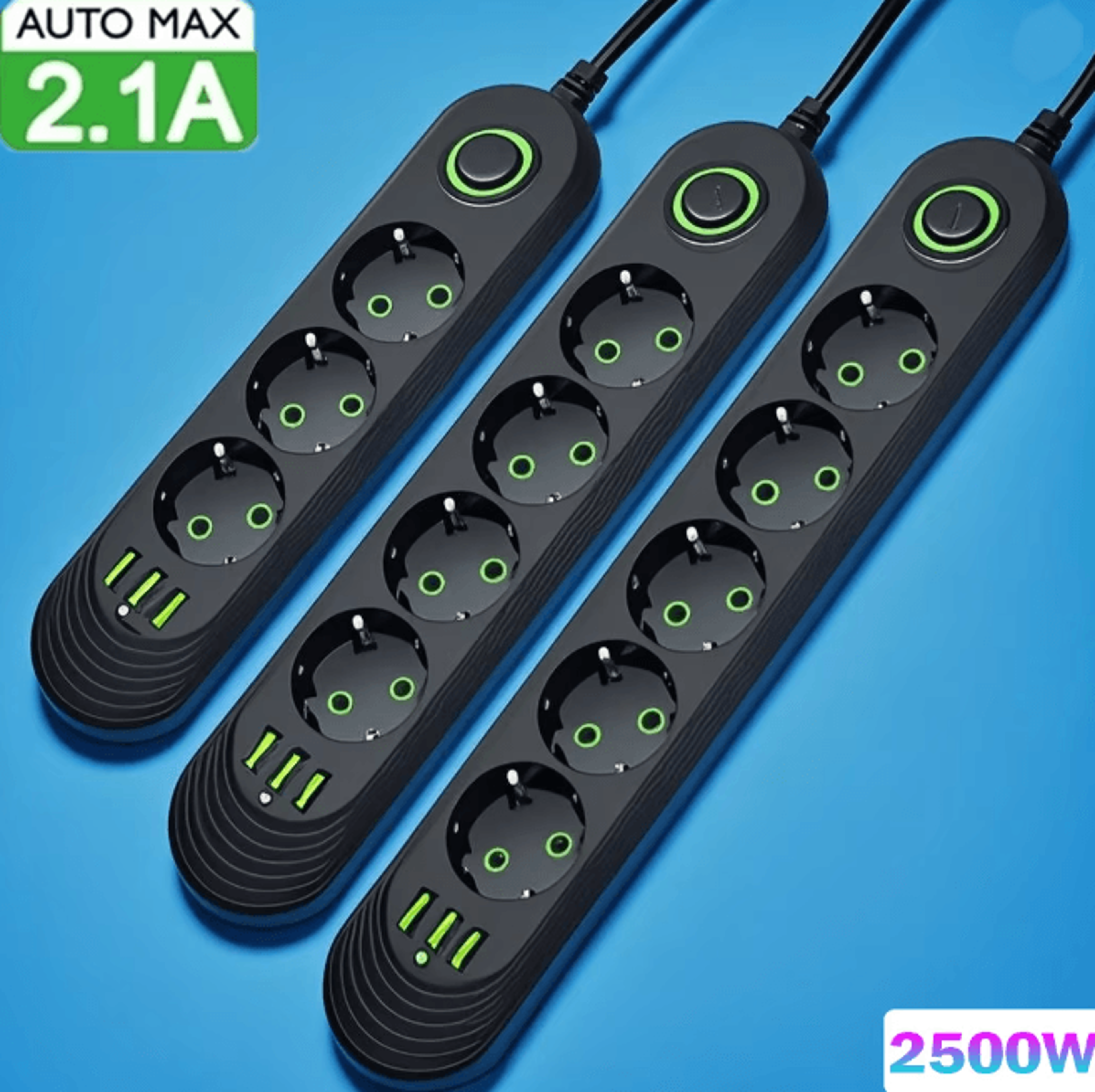EU Power Strip Extension Cord with USB Ports 2M Cable Multi Socket Adapter