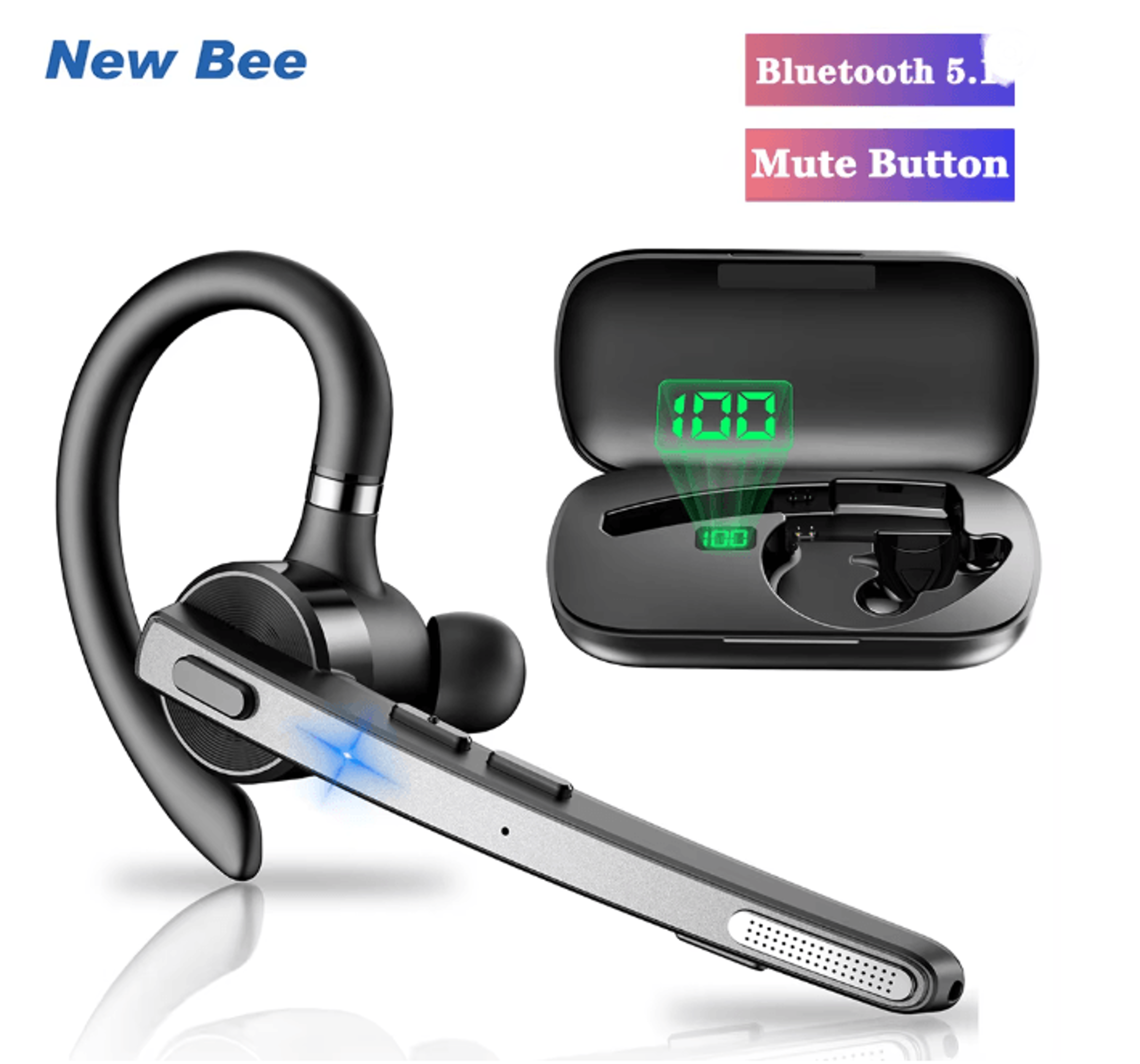 New Bee M53 Bluetooth Headset Noise Cancelling Wireless Earpiece for Calls and Driving