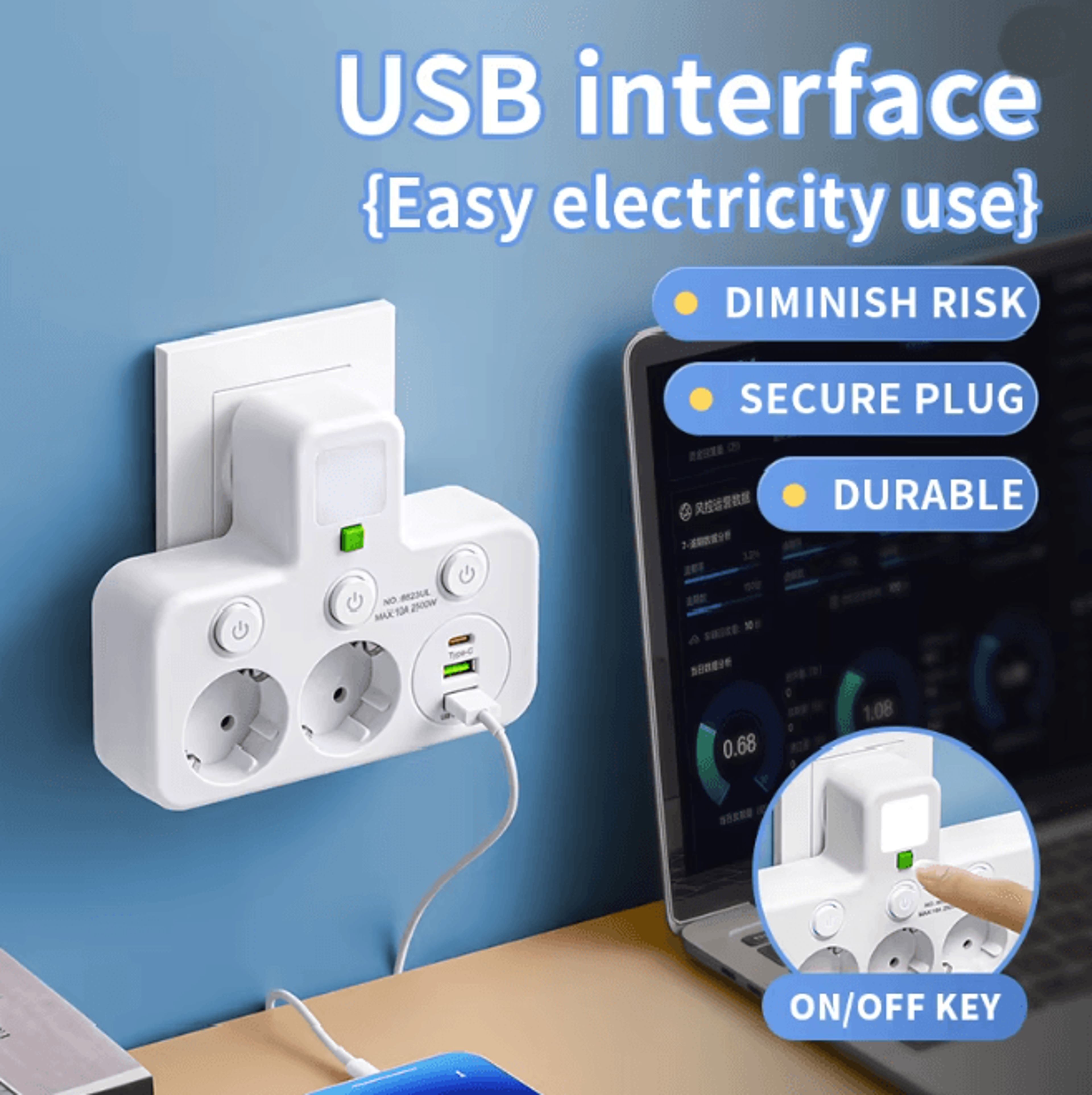 EU Power Strip Wall Socket with USB Charger Independent Switch Adapter