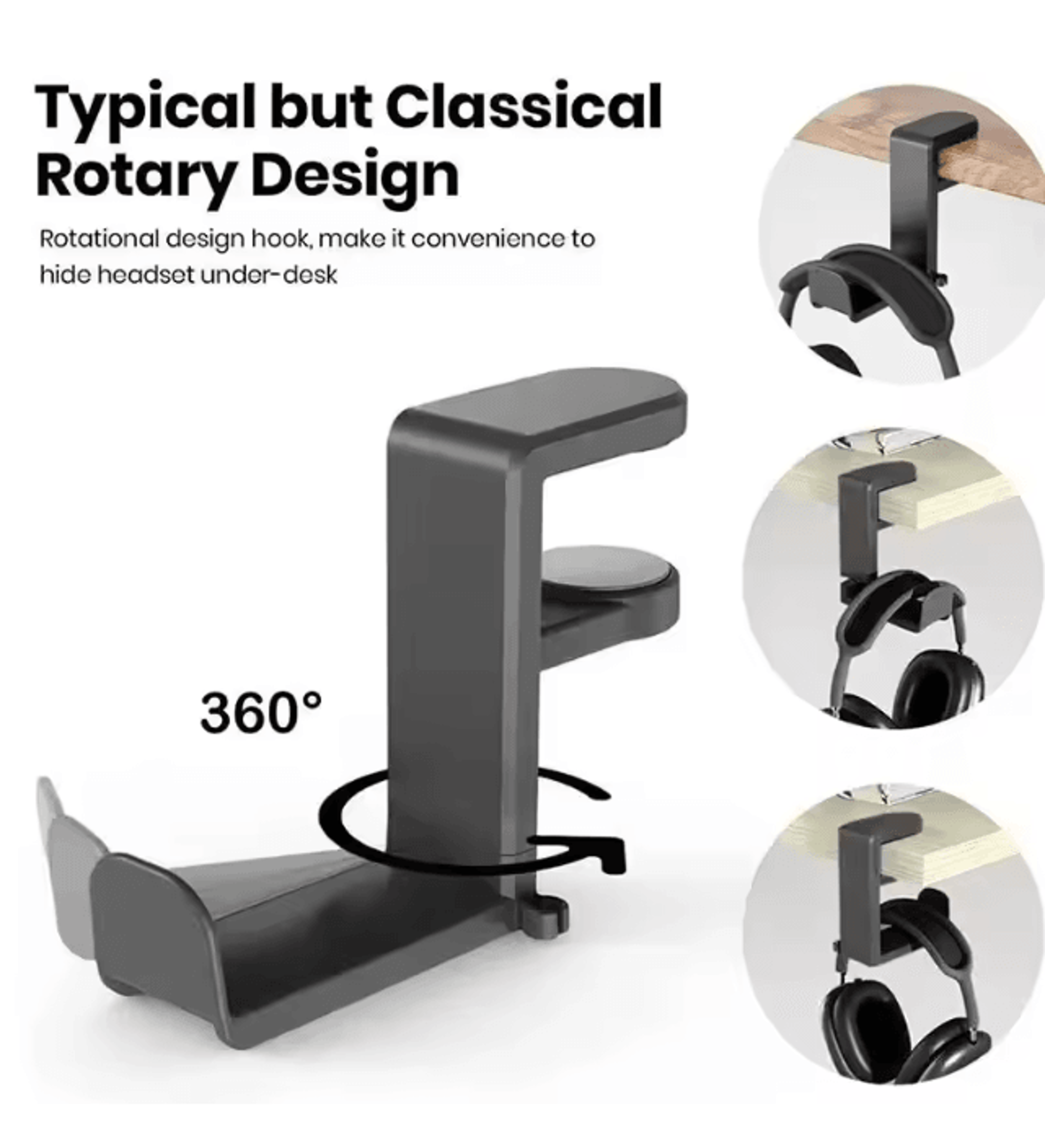 360 Degree Rotating Desk Clip Headphone Holder No Punch Headset Stand