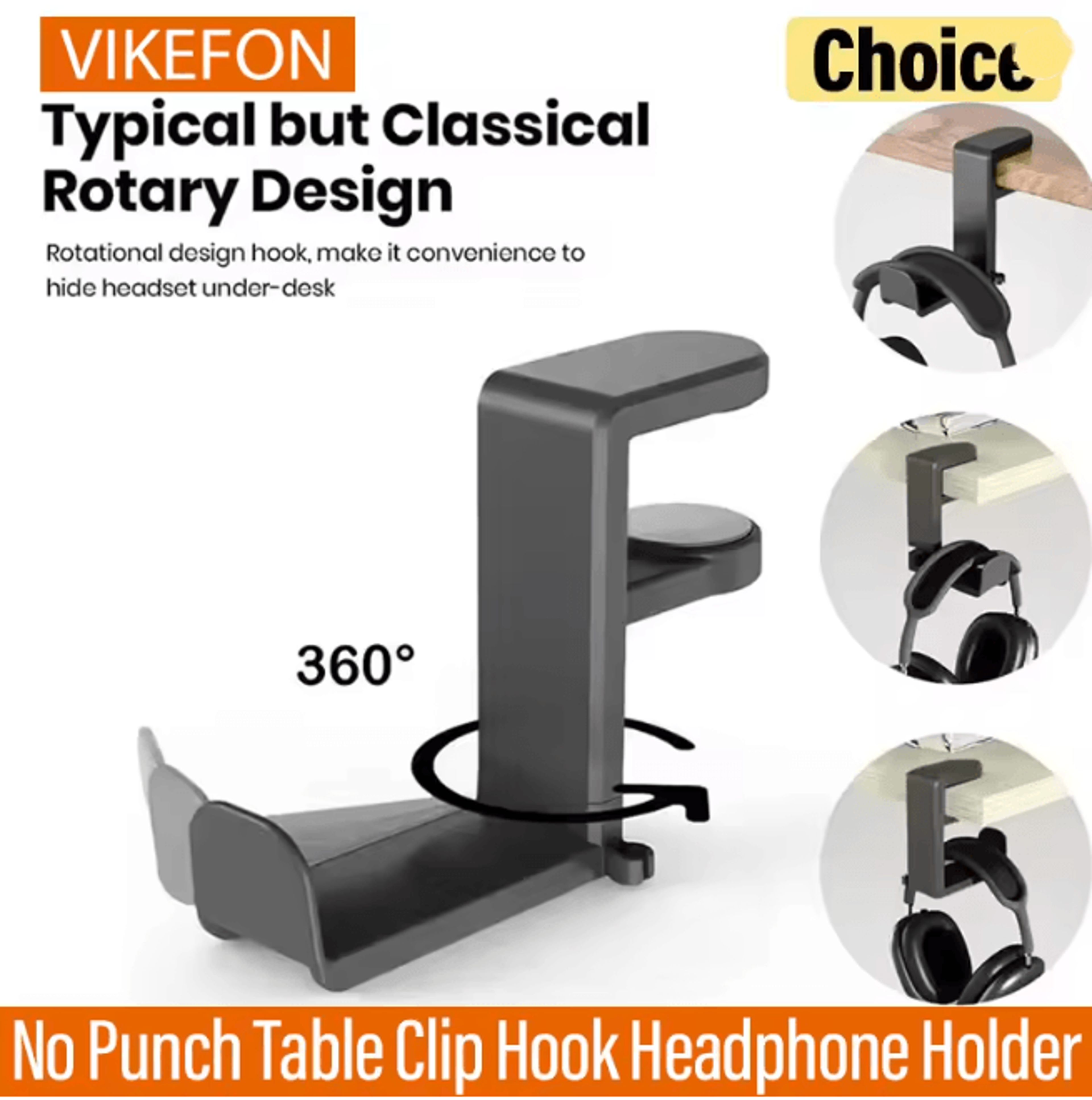 VIKEFON Desk Clip Headphone Holder 360 Degree Rotating No Punch Organizer