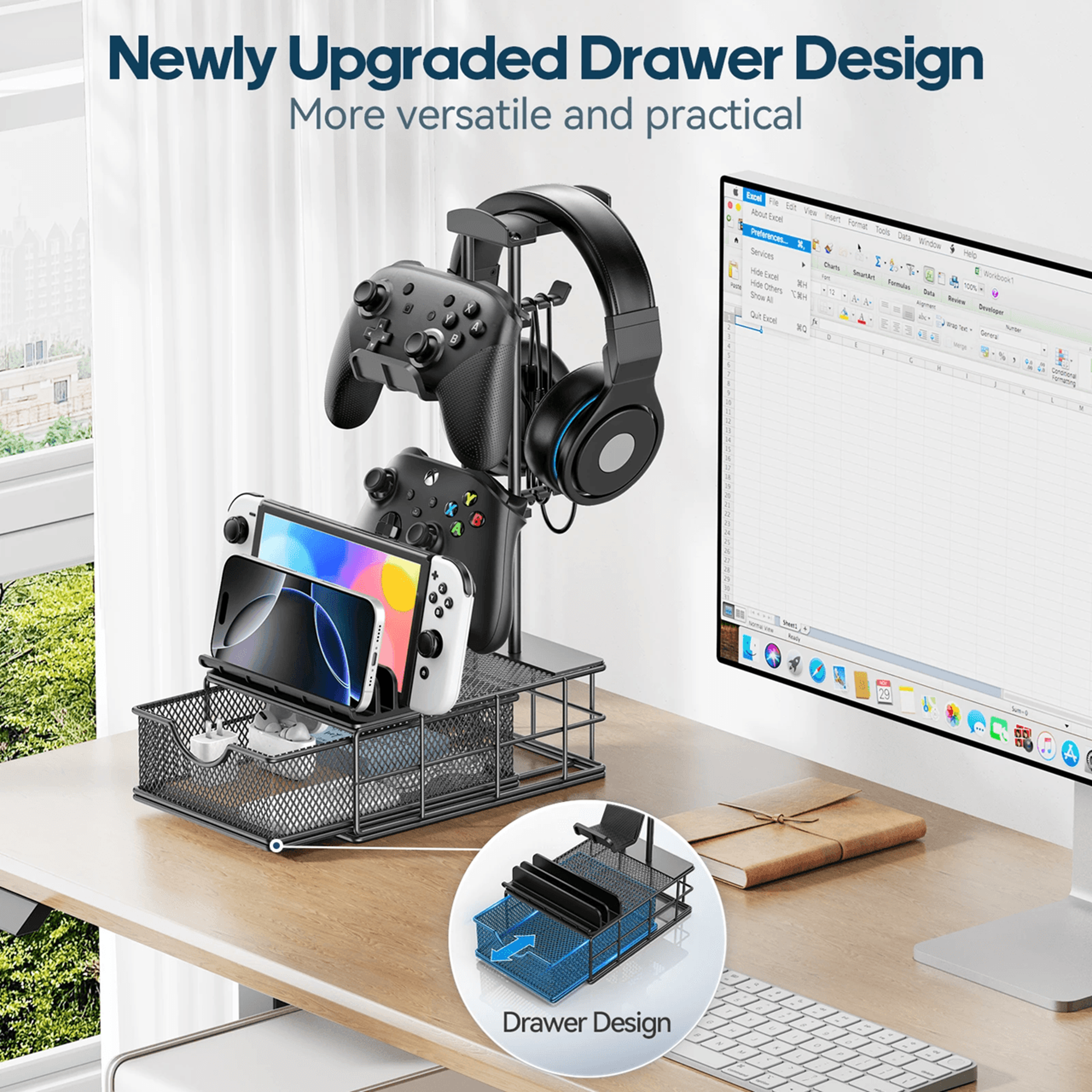gaming headphone stand with drawer and controller holder for desk