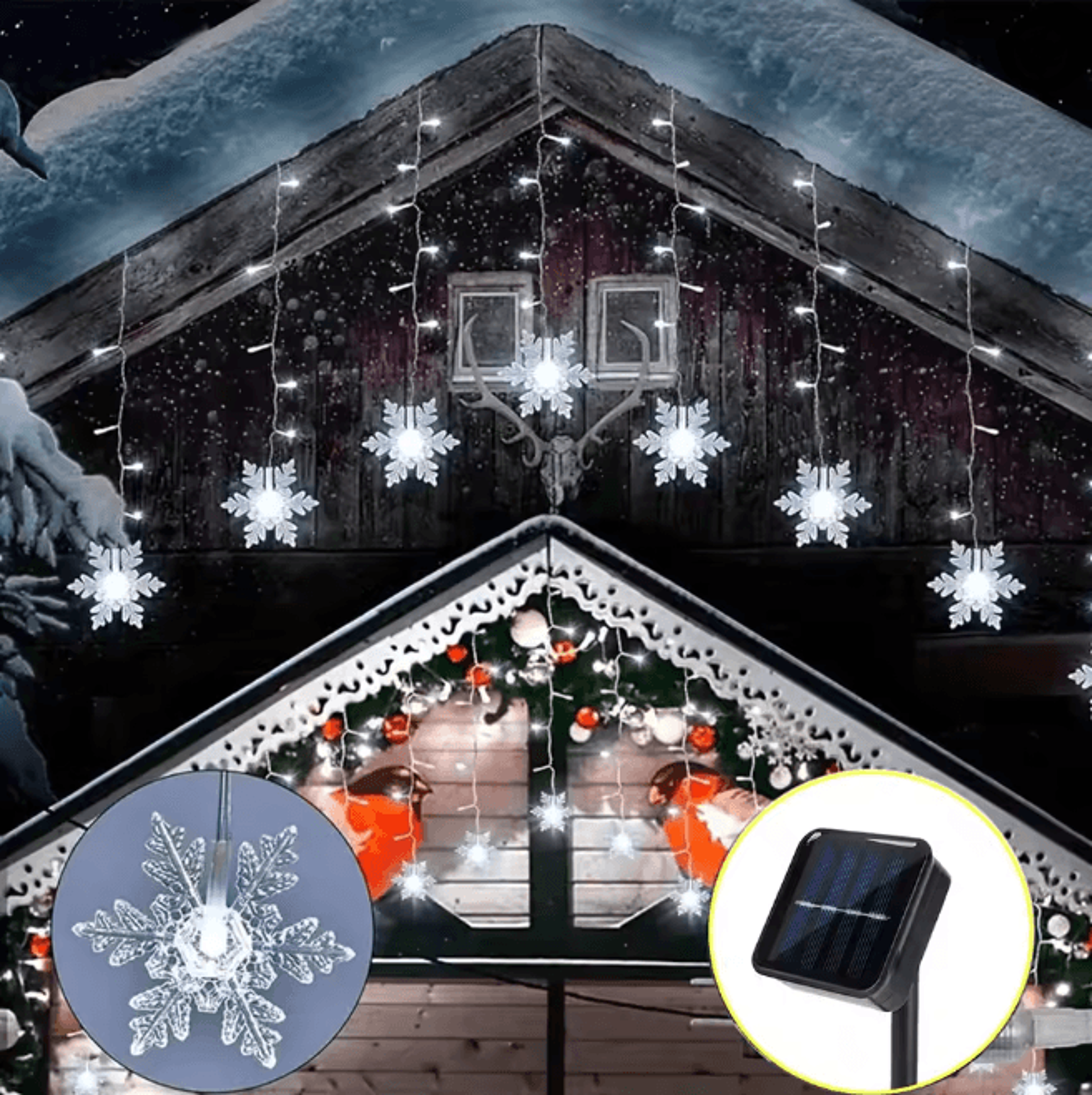 96 LED Solar Snowflake Curtain Lights Waterproof Christmas Decoration