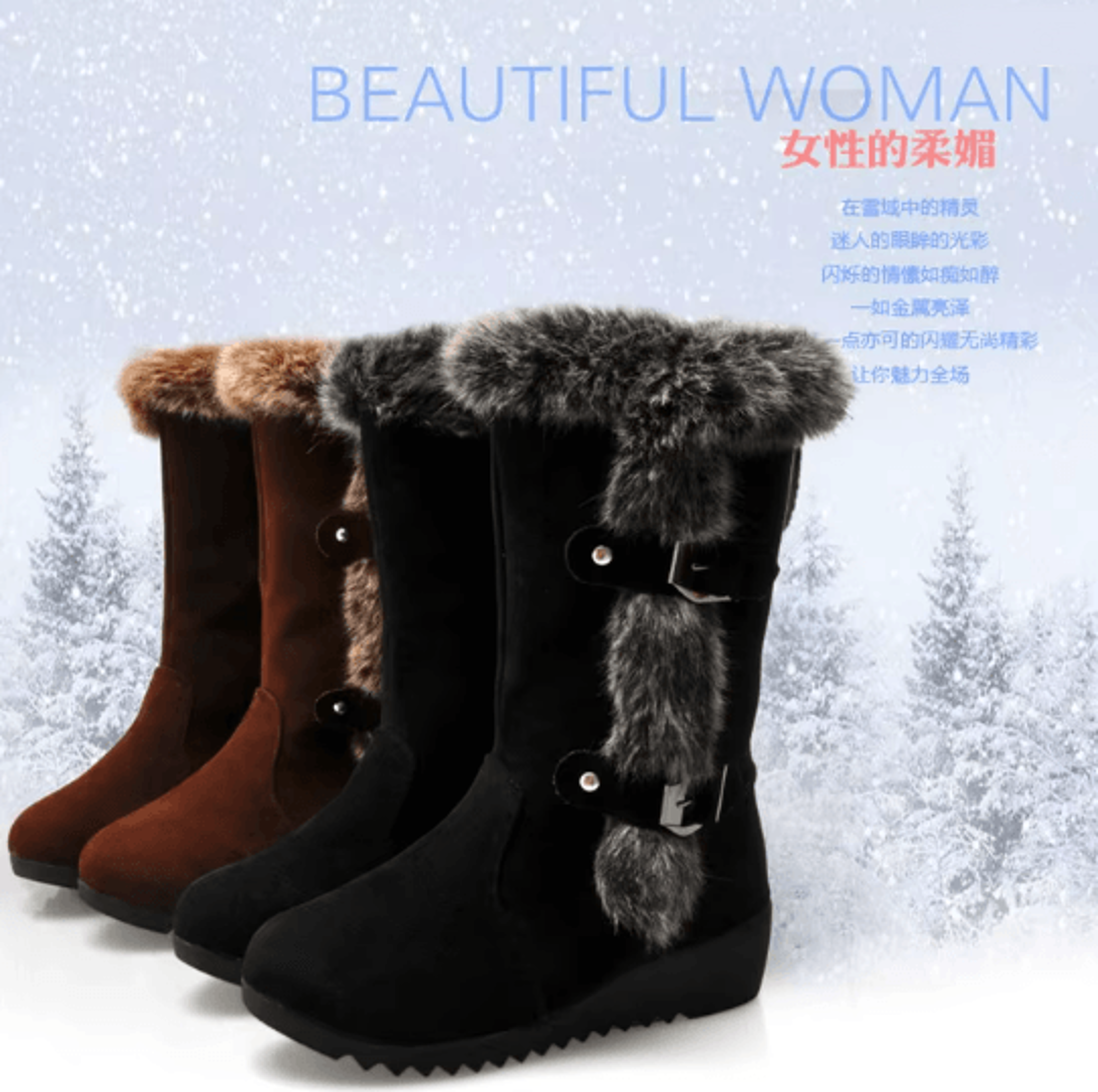 Womens Winter Snow Boots Mid Calf Fur Lined Wedge Slip On
