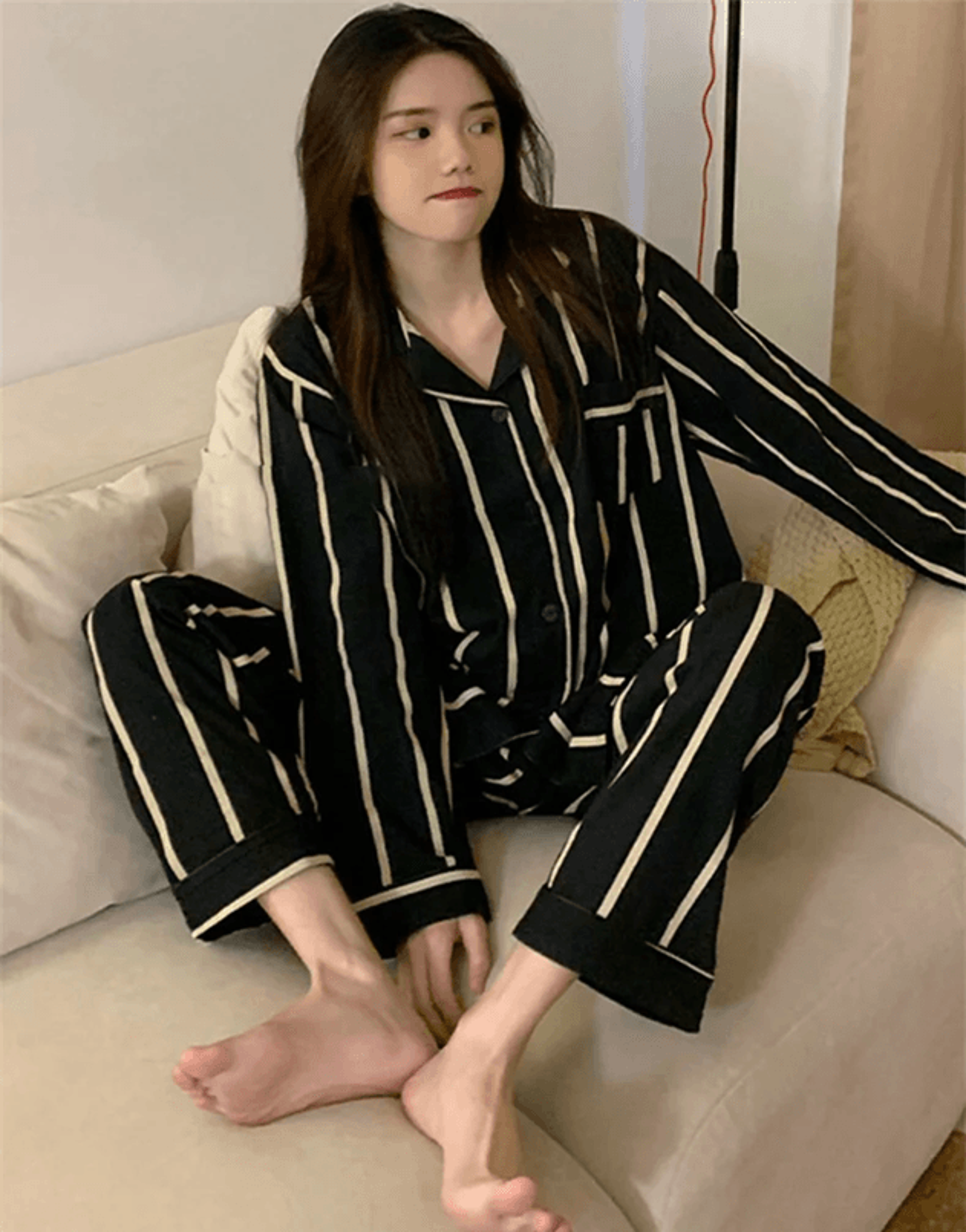 light luxury ice silk pajama set womens long sleeve striped nightwear