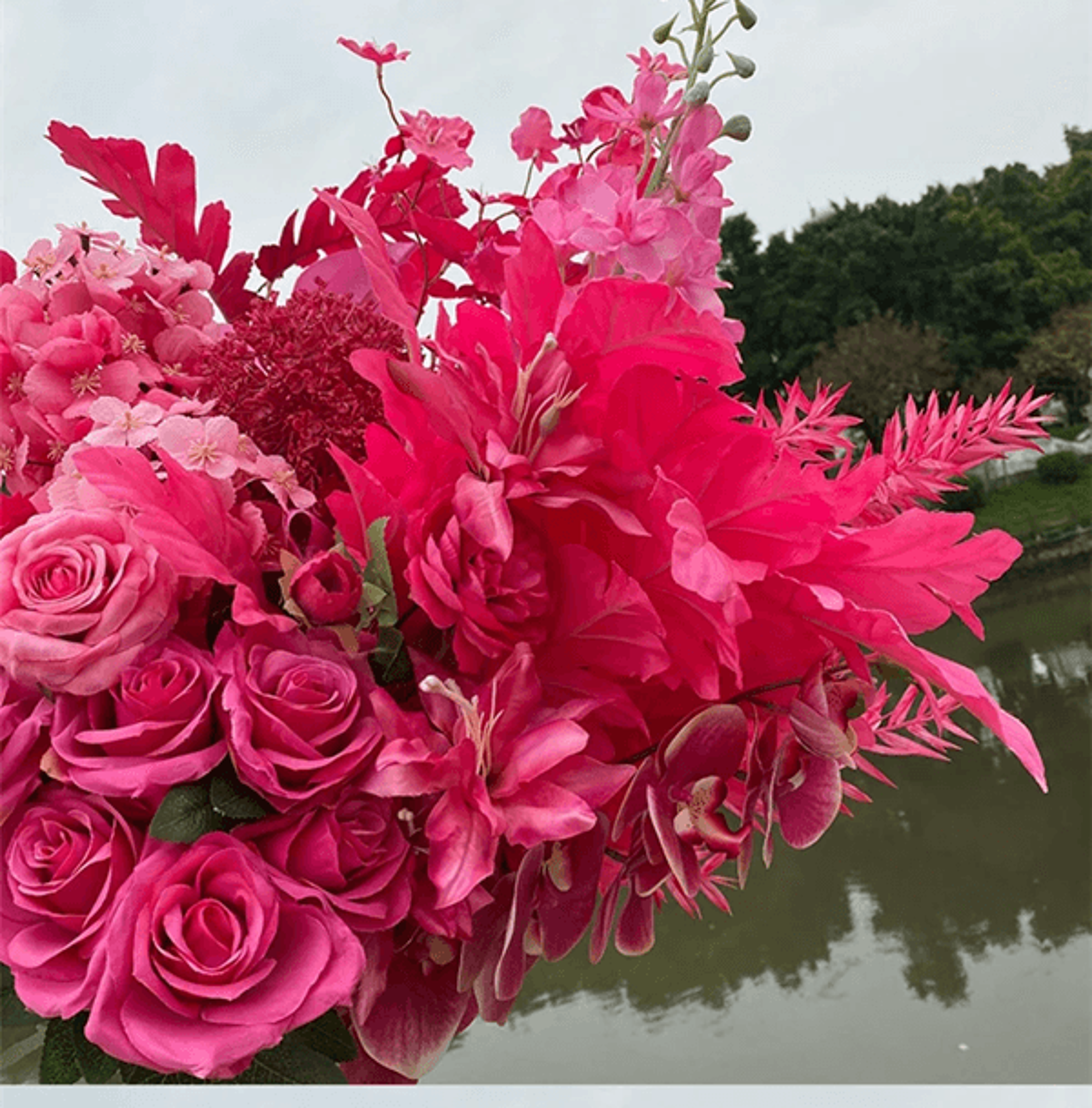 hot pink artificial rose and hydrangea wedding floral arrangement set