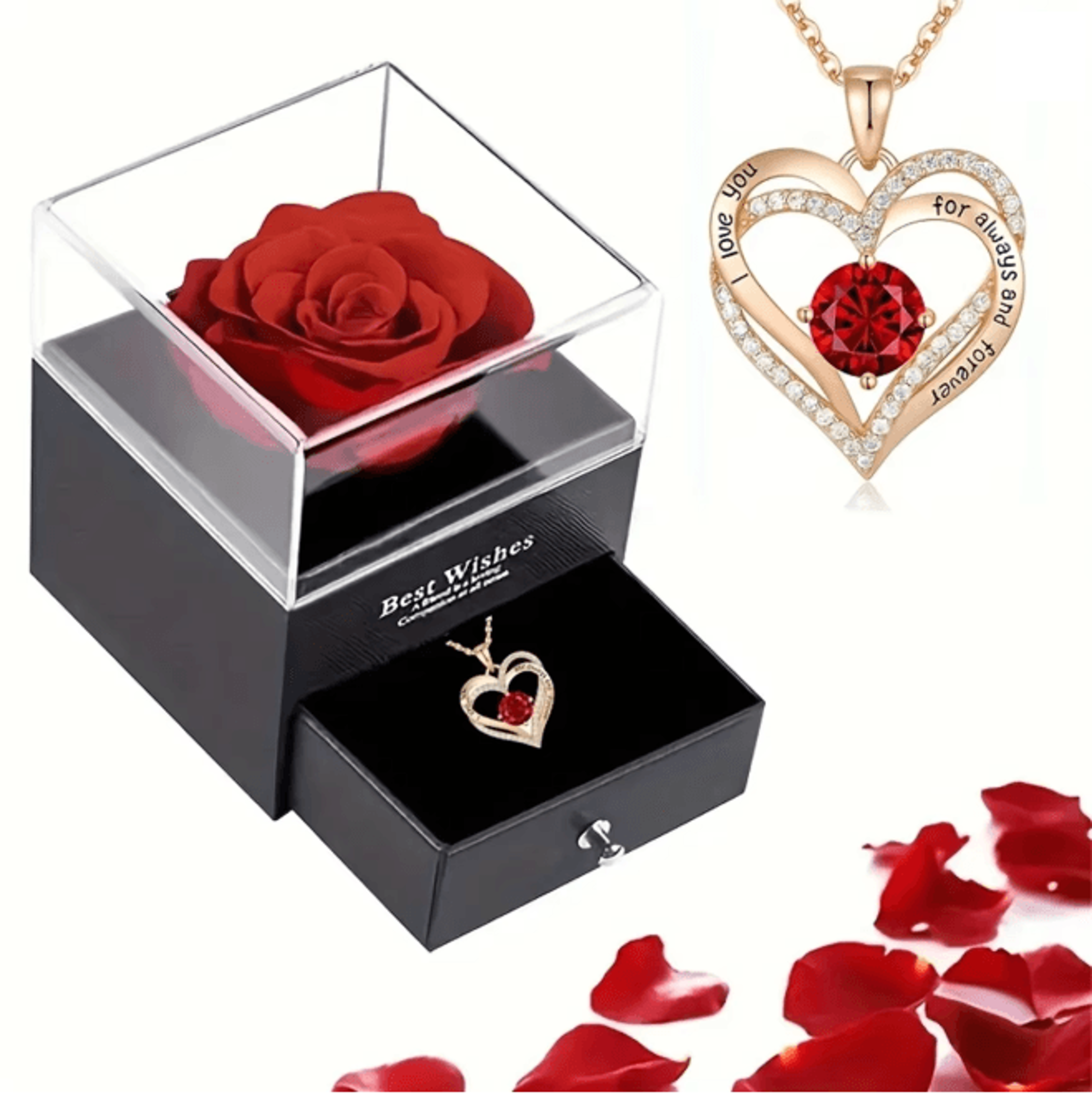 red zircon heart pendant necklace with rose gift box for her