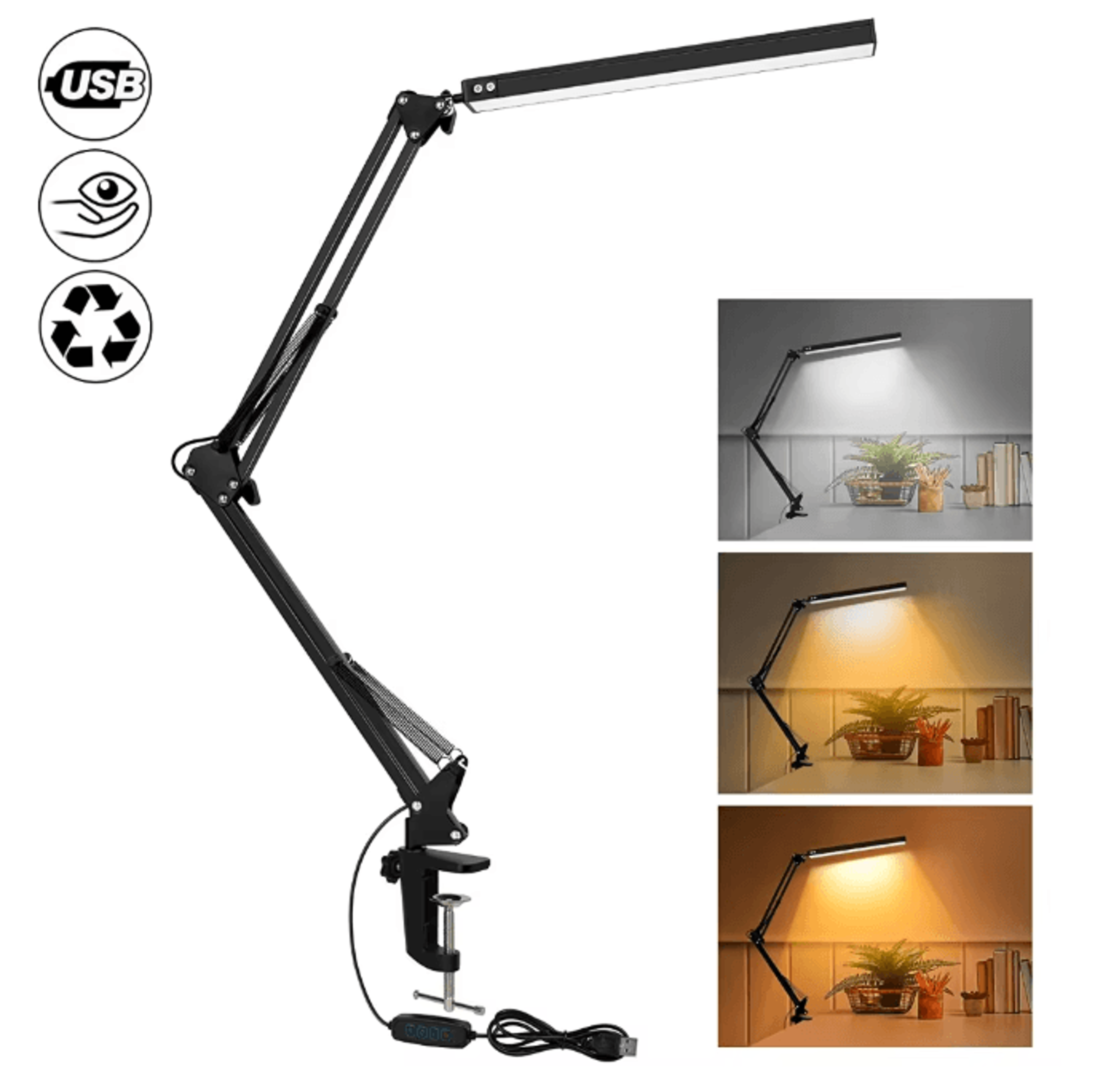 10W LED Desk Lamp with Clamp Swing Arm Dimmable Eye Caring Light