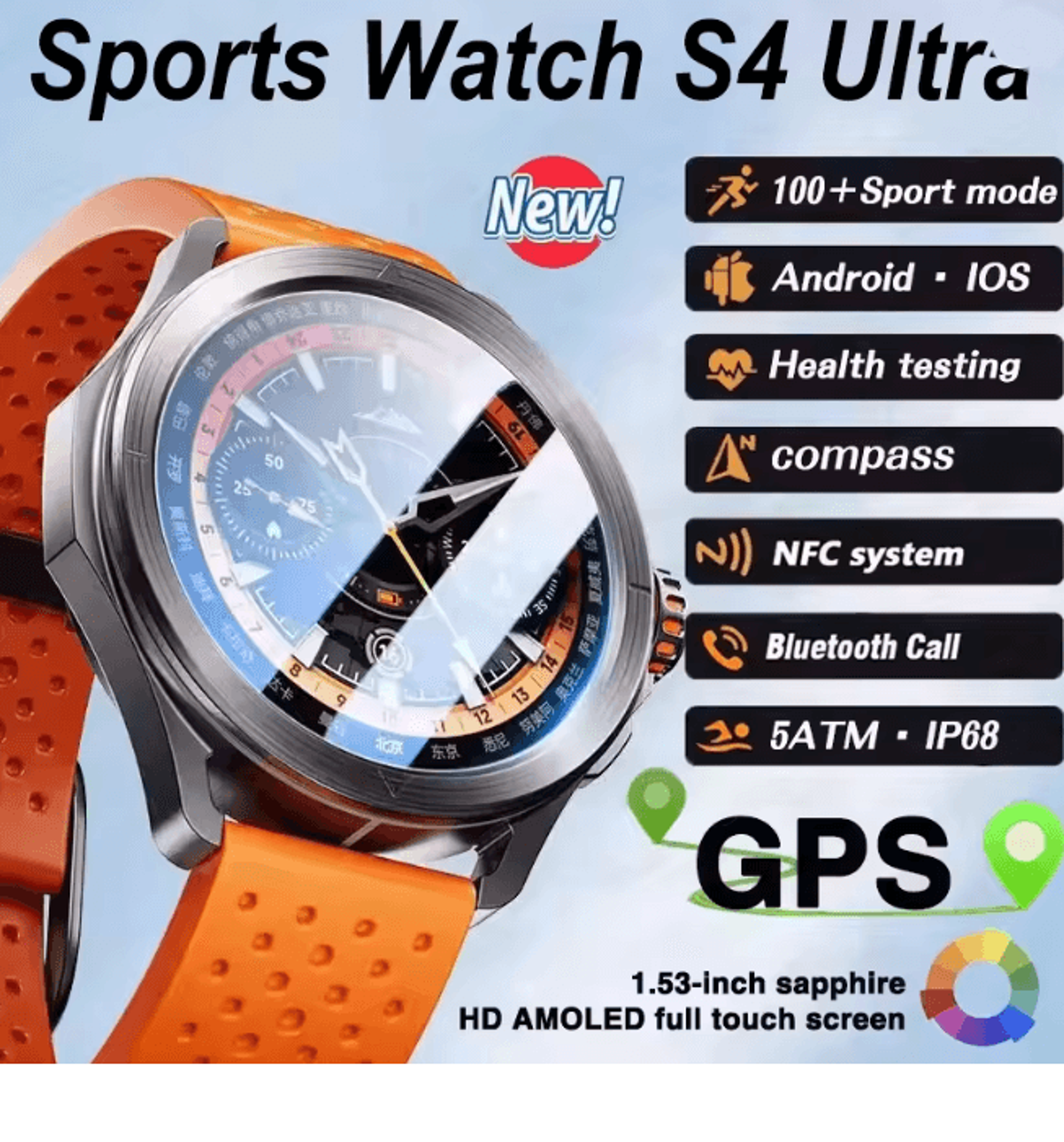 S4 Ultra GPS Smart Watch with AMOLED Display and Bluetooth Calling